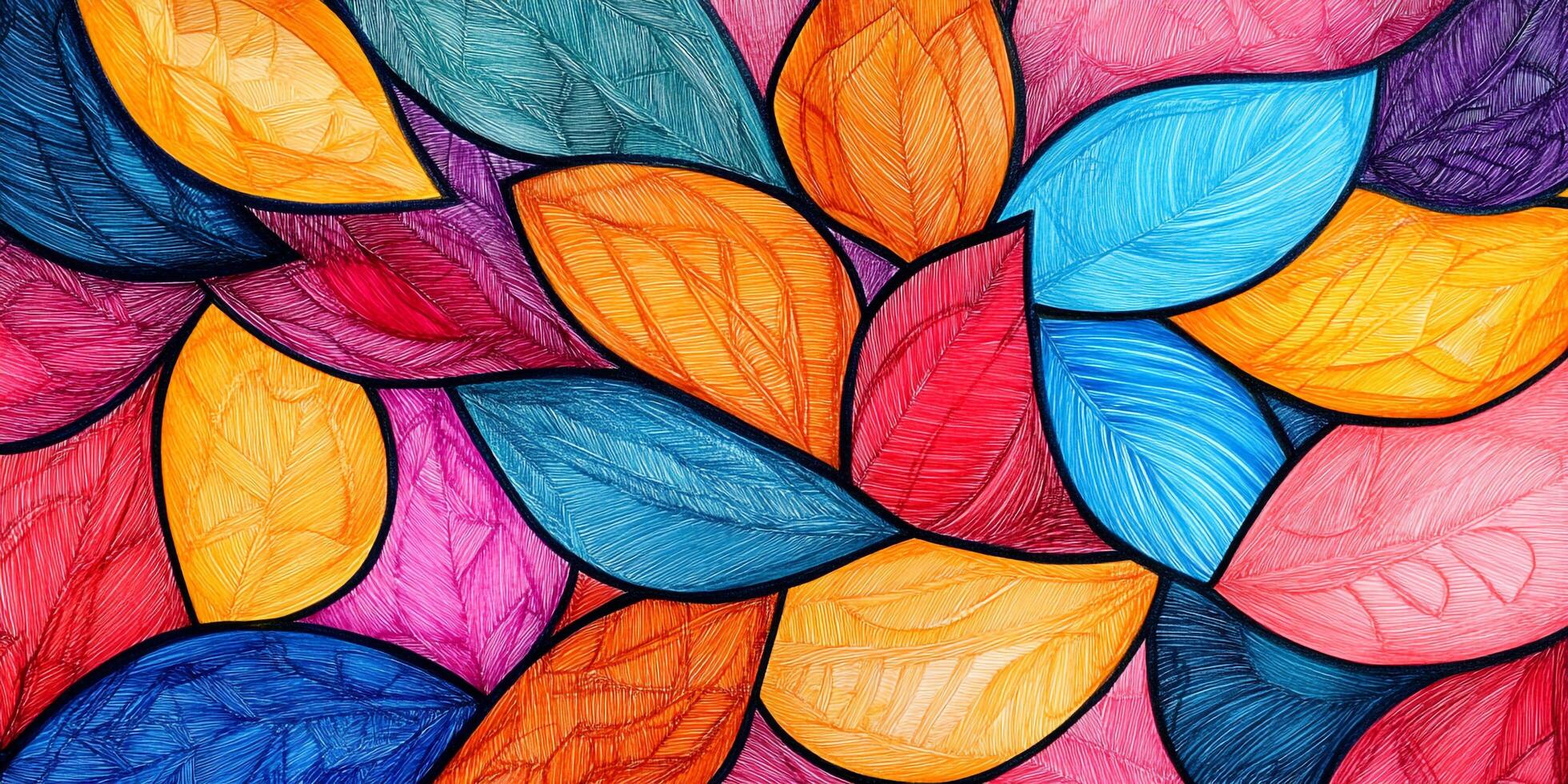 Vibrant leaves in an array of colors overlap creating a visually striking pattern filled with orange, pink, yellow, purple, and blue hues. photo