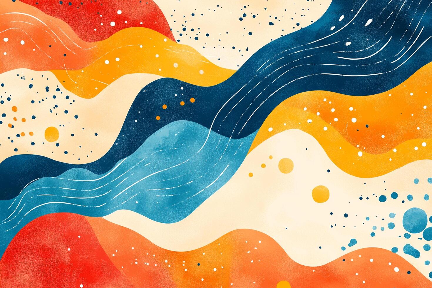A vibrant, abstract watercolor painting featuring flowing, wavy shapes in shades of red, orange, yellow, and blue with speckled patterns. photo