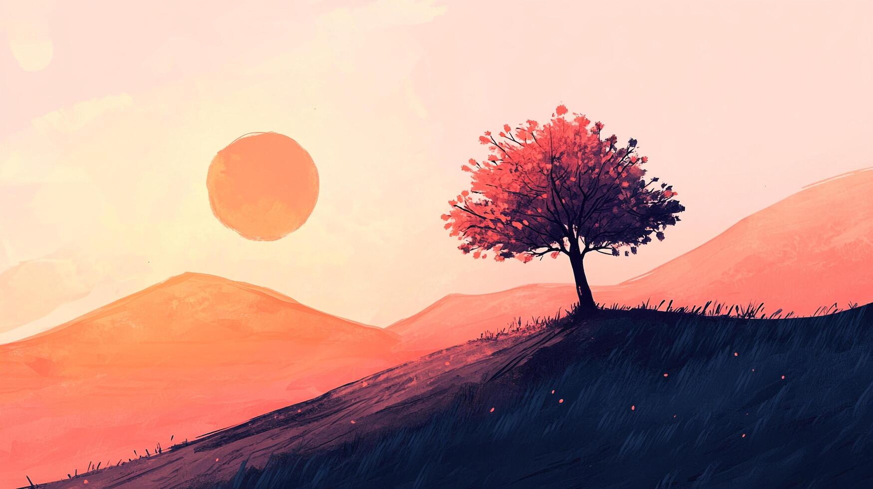 A serene landscape featuring a solitary tree silhouetted against a vibrant sunrise. The sky is colorful and warm, creating a peaceful scenery. photo