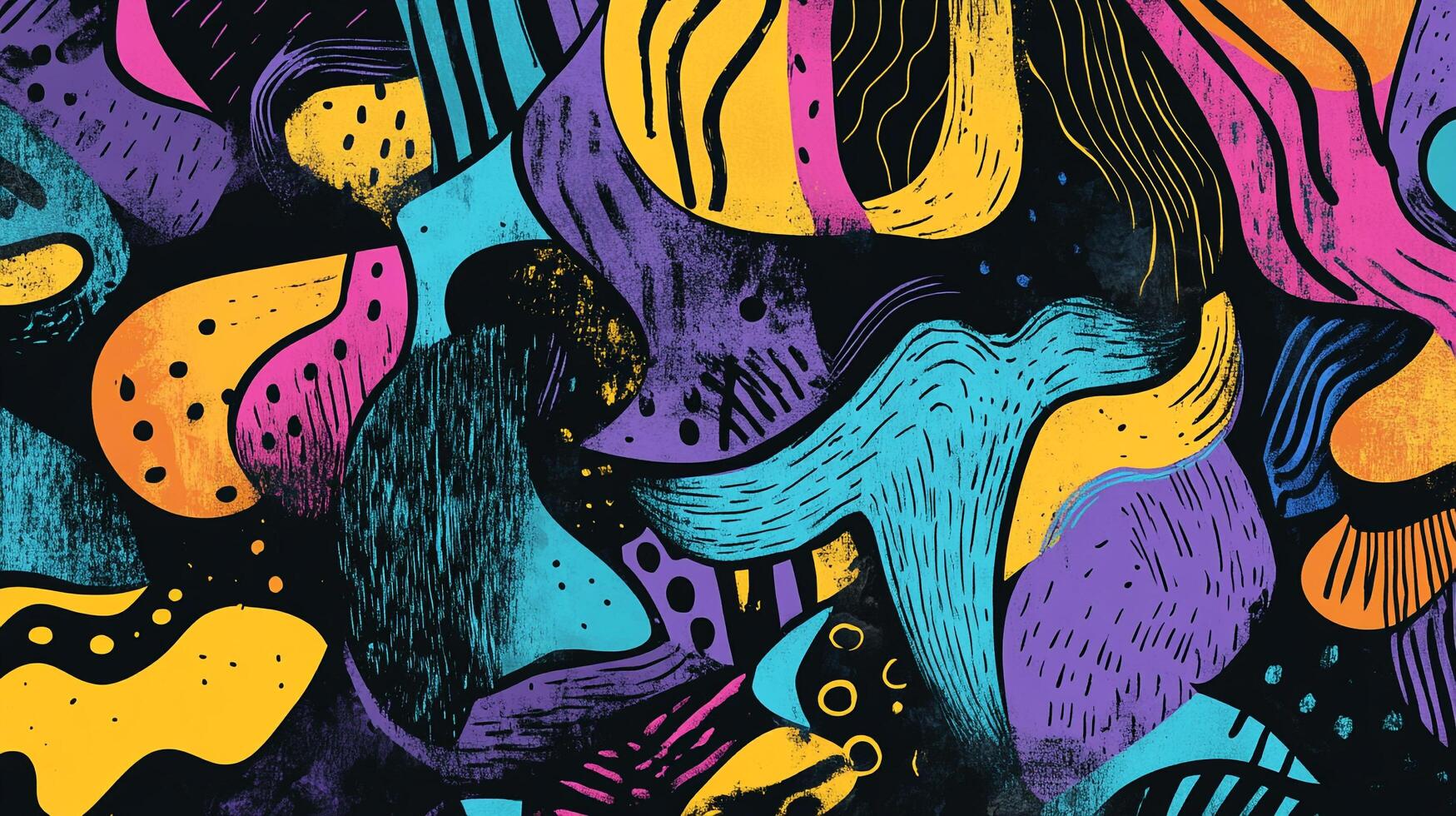 Vibrant abstract artwork showcasing a dynamic composition of organic shapes and textures, rendered in vivid hues against a contrasting dark backdrop. photo