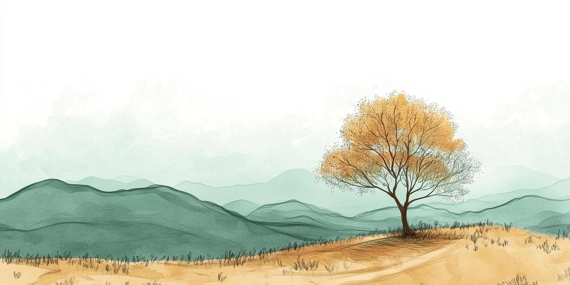 Serene landscape featuring golden tree on a hill with distant mountains, creating a calm, nature-filled scenic view. photo