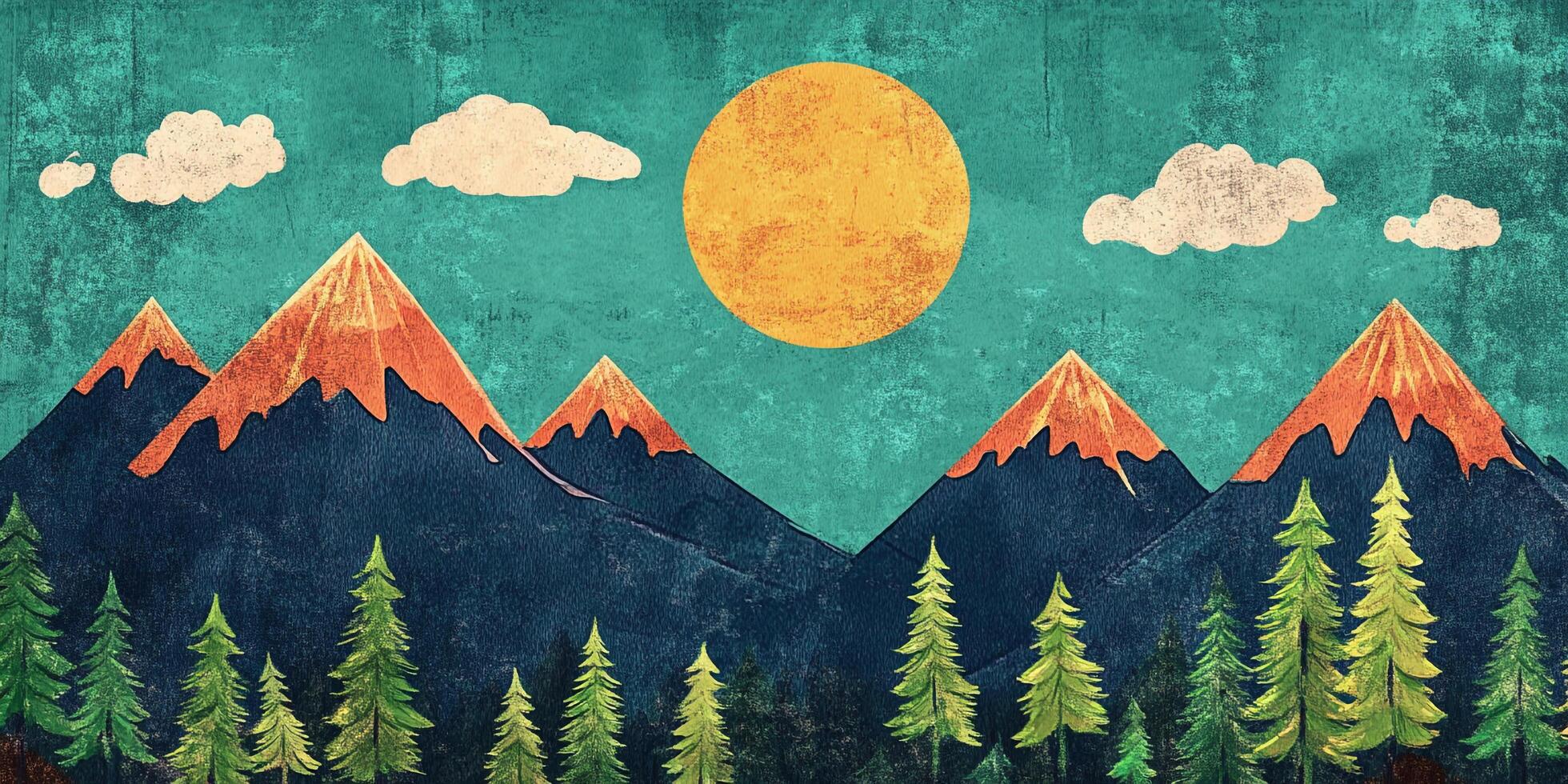 Serene mountain landscape with towering peaks, lush forests, a golden sun, and fluffy white clouds against a textured teal sky. photo