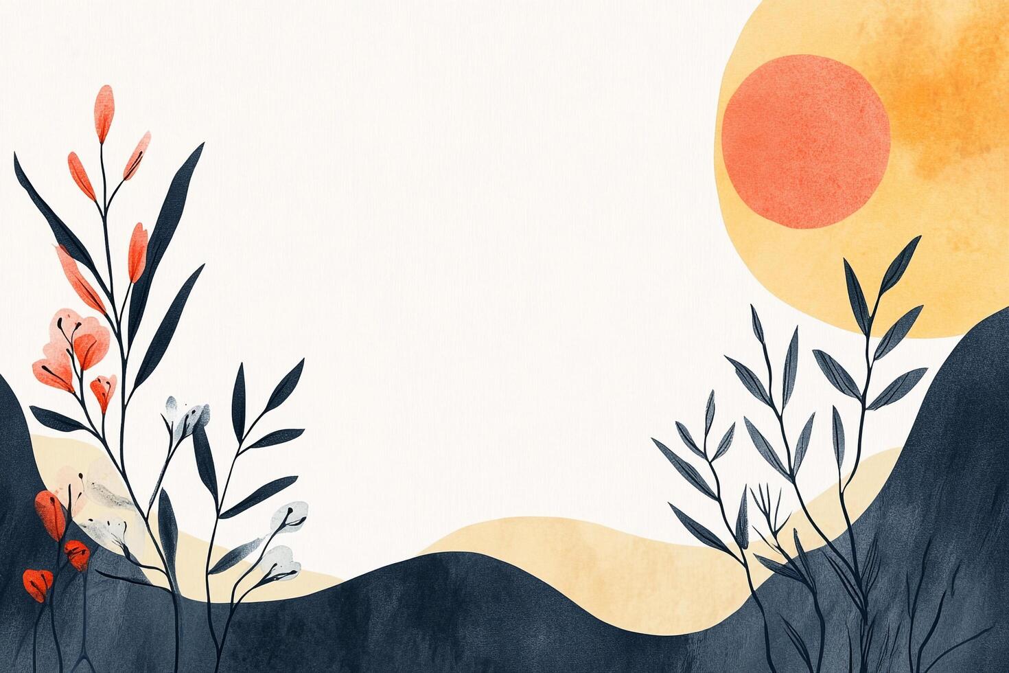 Watercolor botanical illustration featuring stylized plants, leaves, a sun element, and an organic, earthy color palette. Artwork background. photo