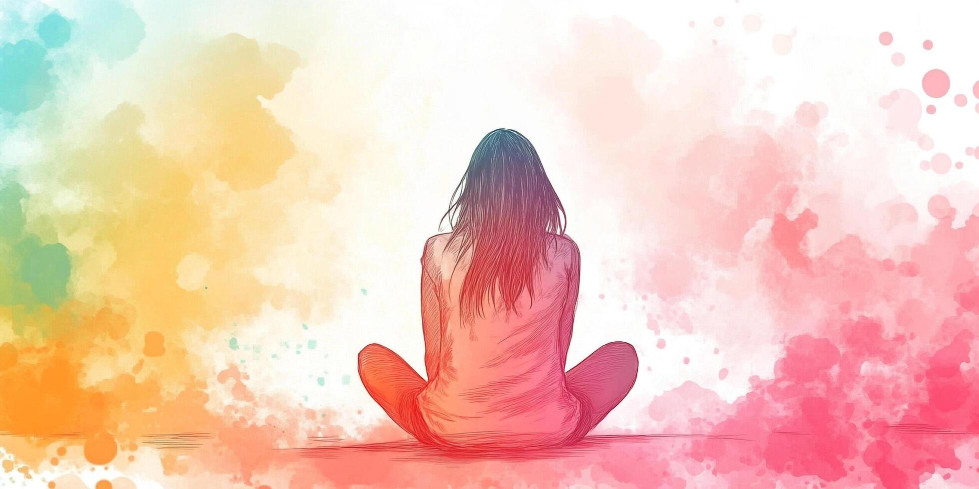 Meditative Seated Figure against a backdrop of watercolor splashes, promoting mindfulness and inner peace in a colorful scene. photo
