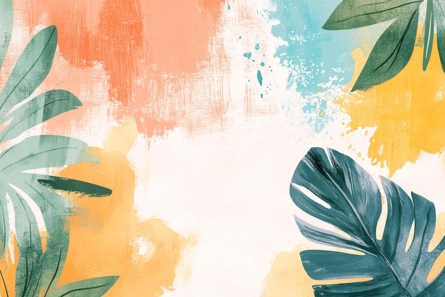 Tropical watercolor background featuring monstera leaves and brush strokes. Perfect for summer themed designs and creative projects. photo
