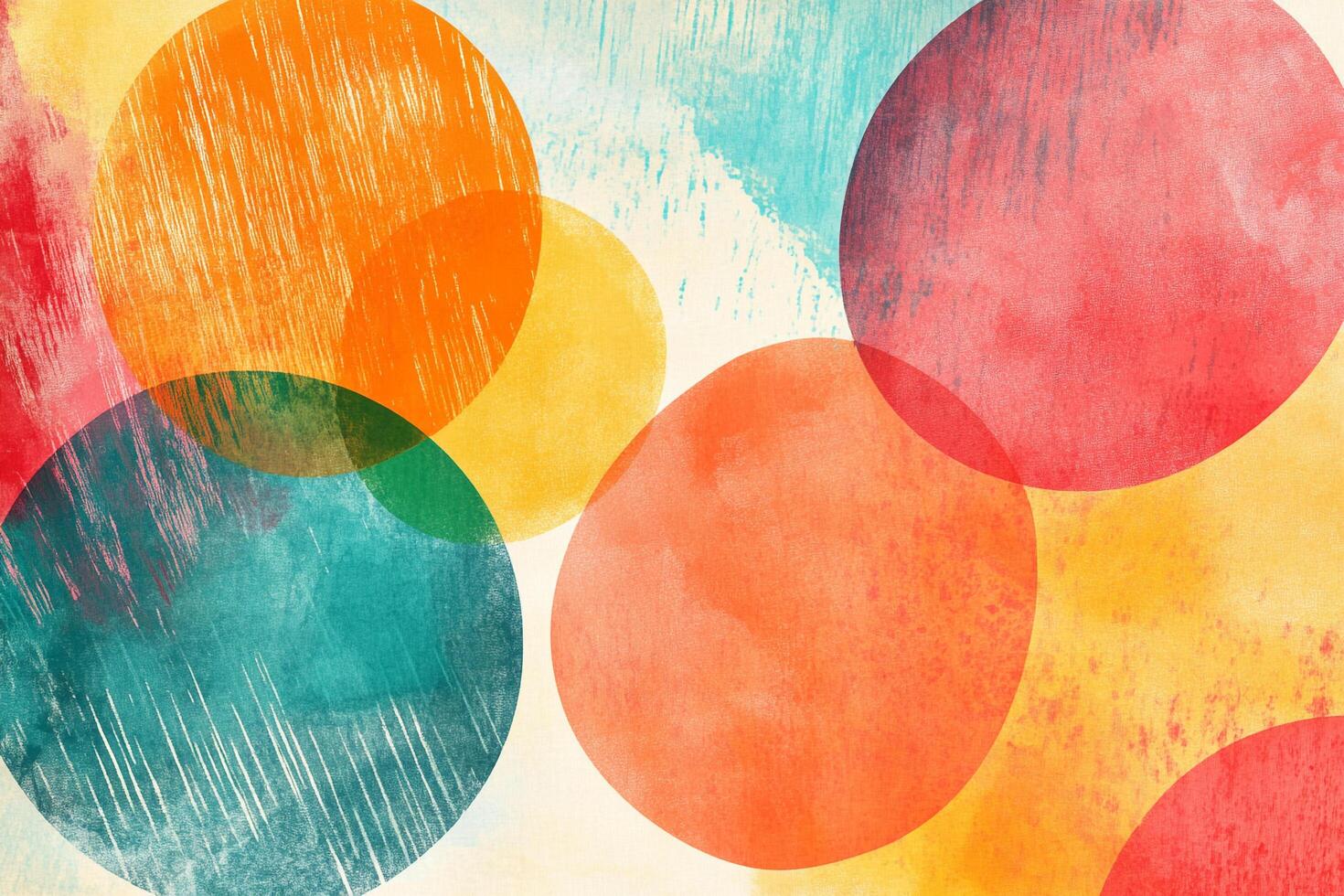 Abstract art featuring overlapping circles in vibrant colors like red, orange, yellow, and teal with textural details on a neutral backdrop. photo
