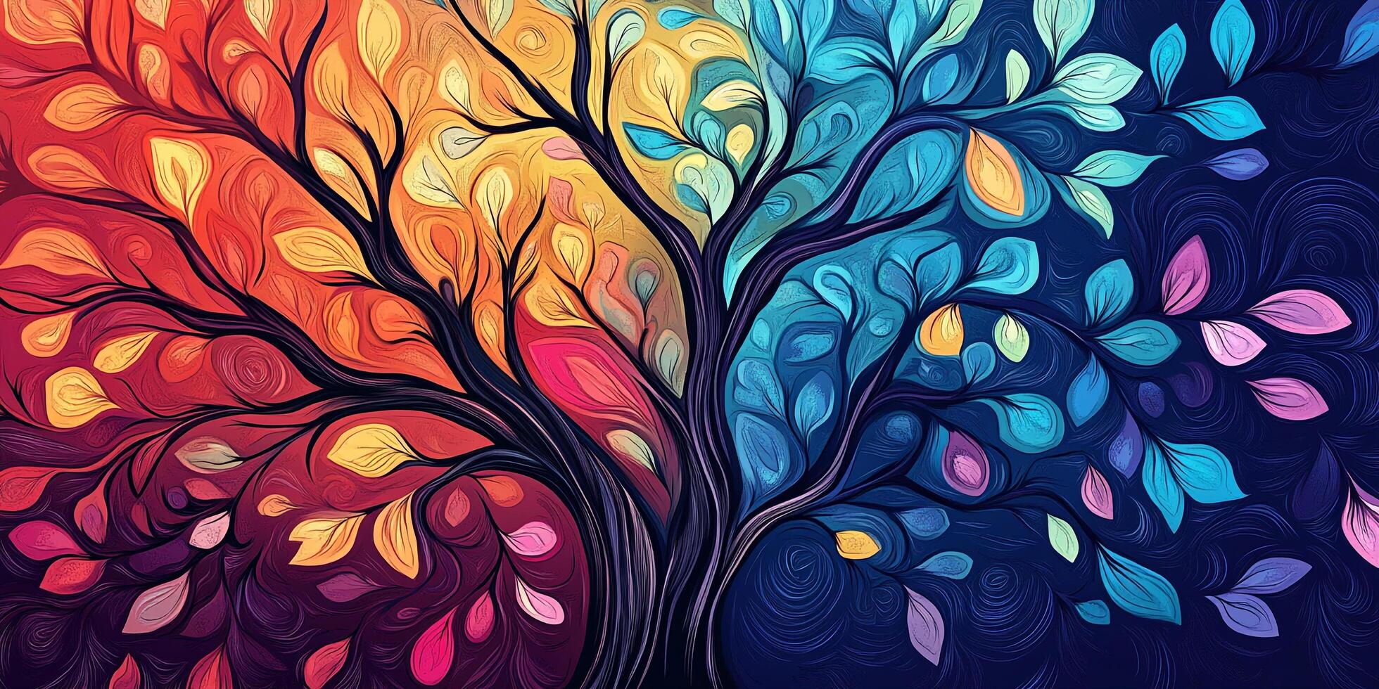 Artistic rendering of a tree with leaves in warm hues transitioning into cool tones, symbolizing duality and transition. photo