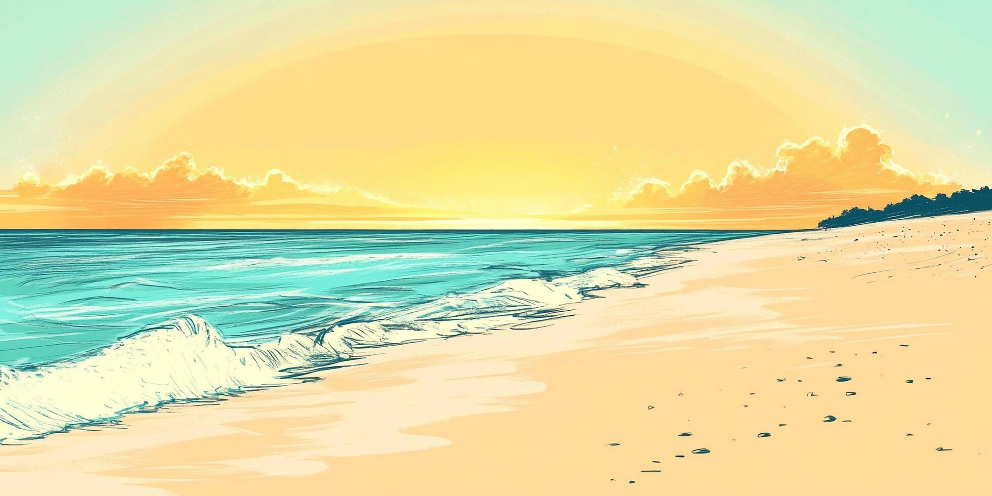 A tranquil beach scene with gentle waves, soft sand, and a vibrant sunset sky, evoking feelings of peace and relaxation. photo