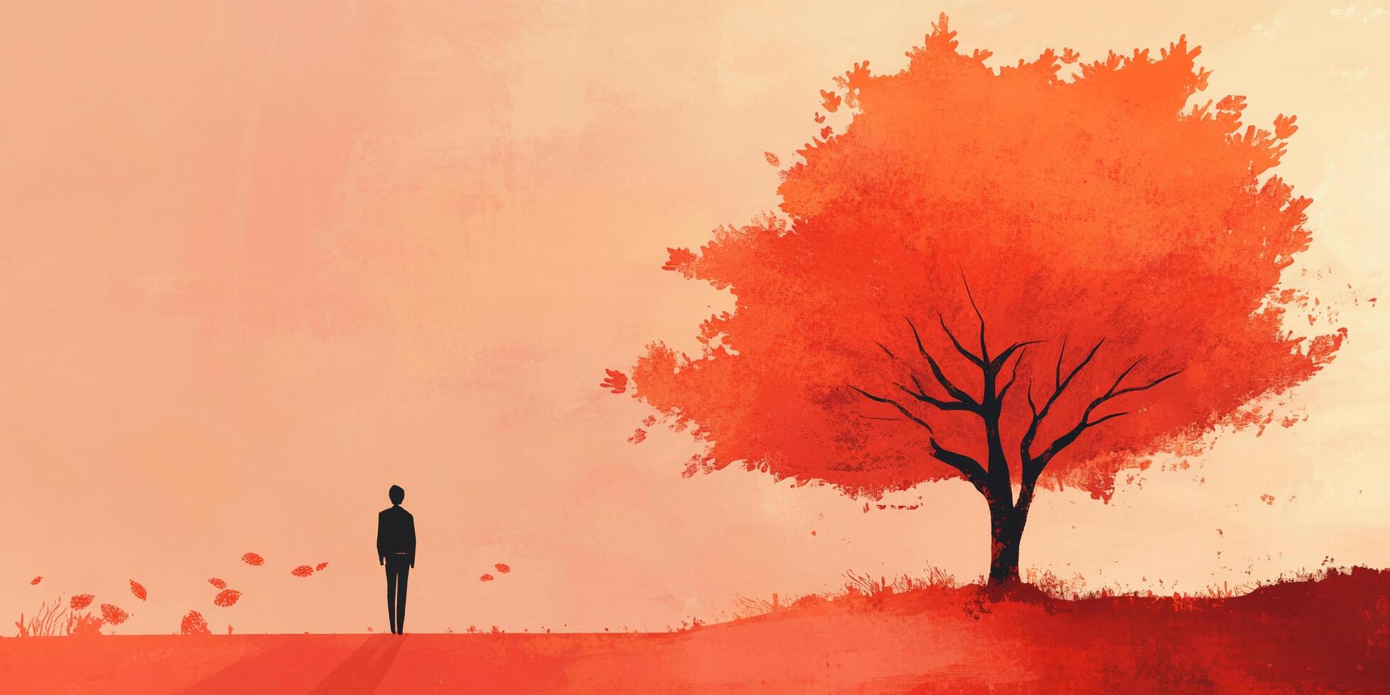 Silhouette of a person under a vibrant tree with falling leaves, evokes a sense of solitude, reflection, and the beauty of nature. photo