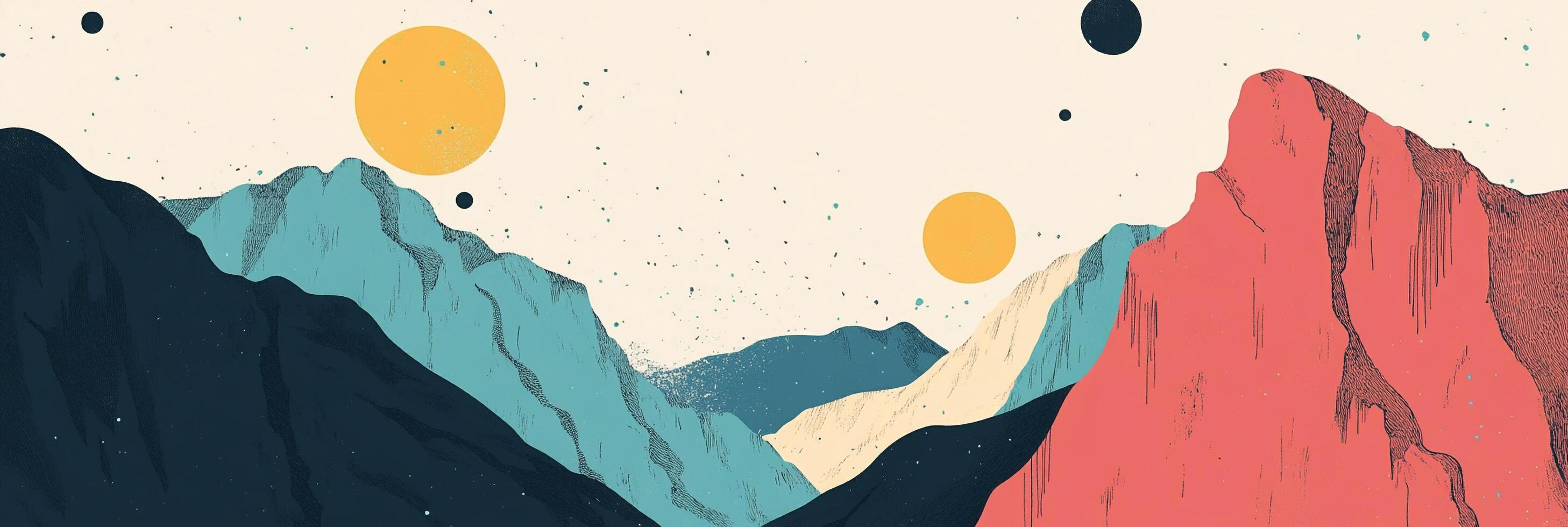 Abstract mountain landscape with geometric shapes and stylized peaks, evoking a serene, otherworldly environment. Minimalist and modern art. photo