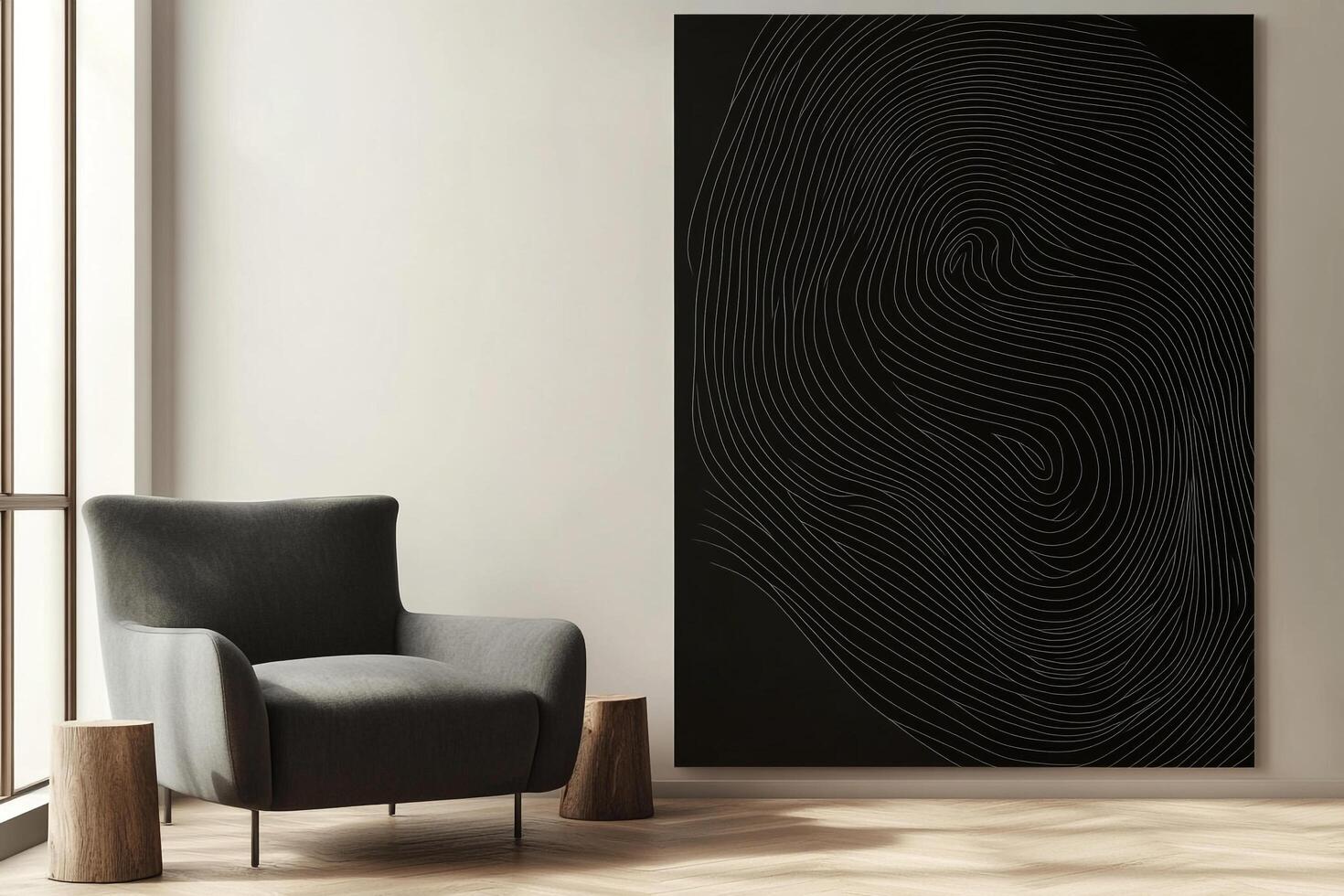 Interior features a charcoal armchair flanked by log stools, set against a neutral wall and geometric artwork for a serene, modern ambiance. photo