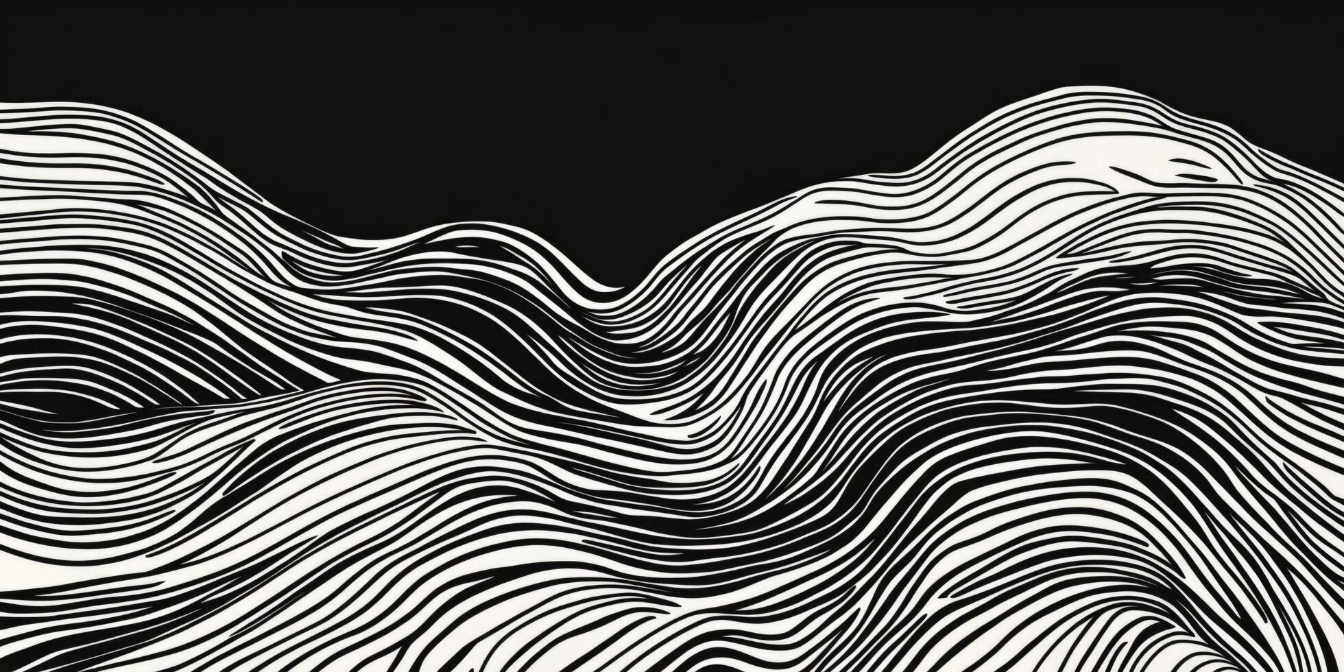 Black and white abstract art with flowing lines creating a dynamic, undulating surface. The contrast emphasizes the movement and depth. photo