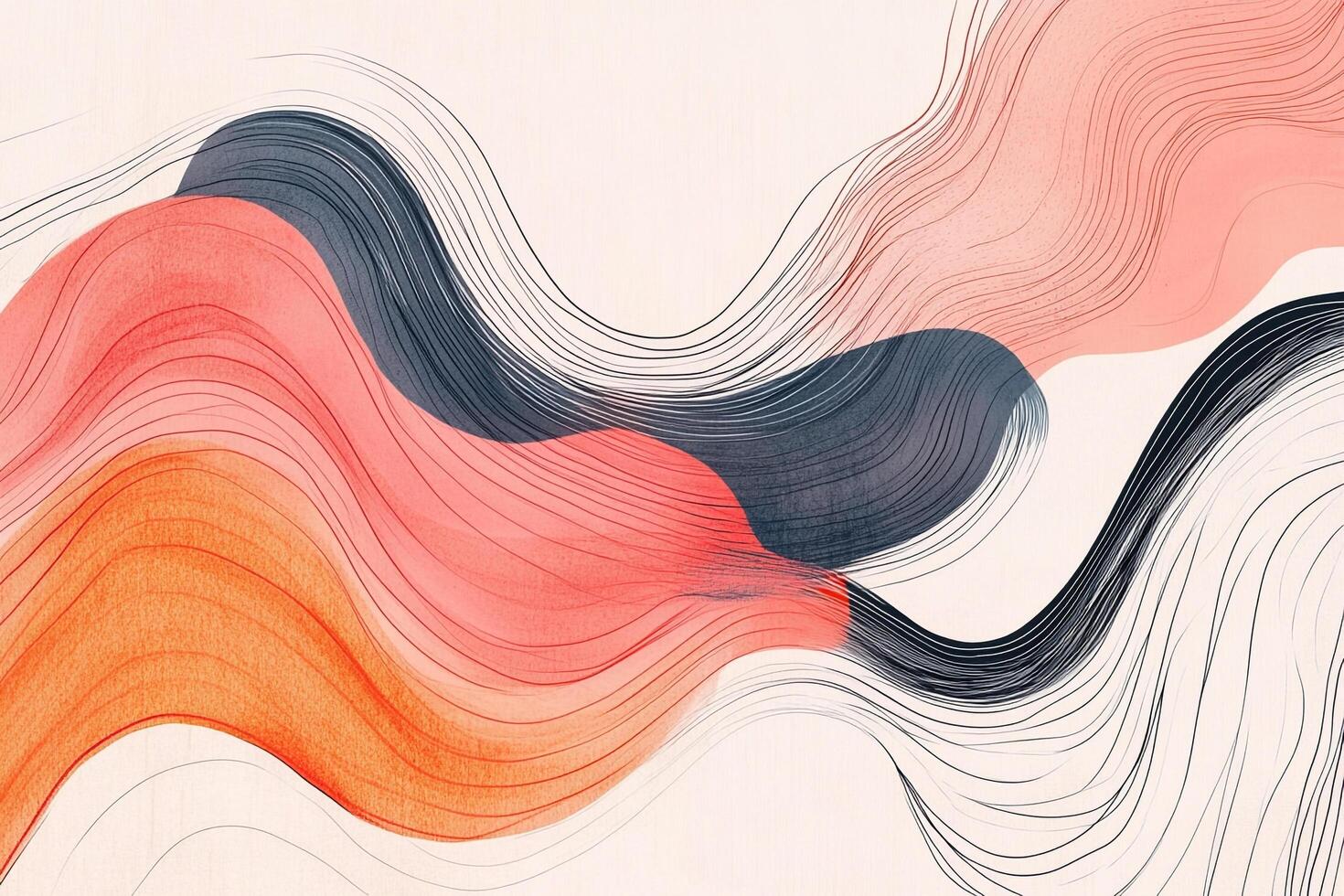 Abstract artwork featuring undulating, layered forms in shades of orange, coral, gray, and black, with delicate line work. photo