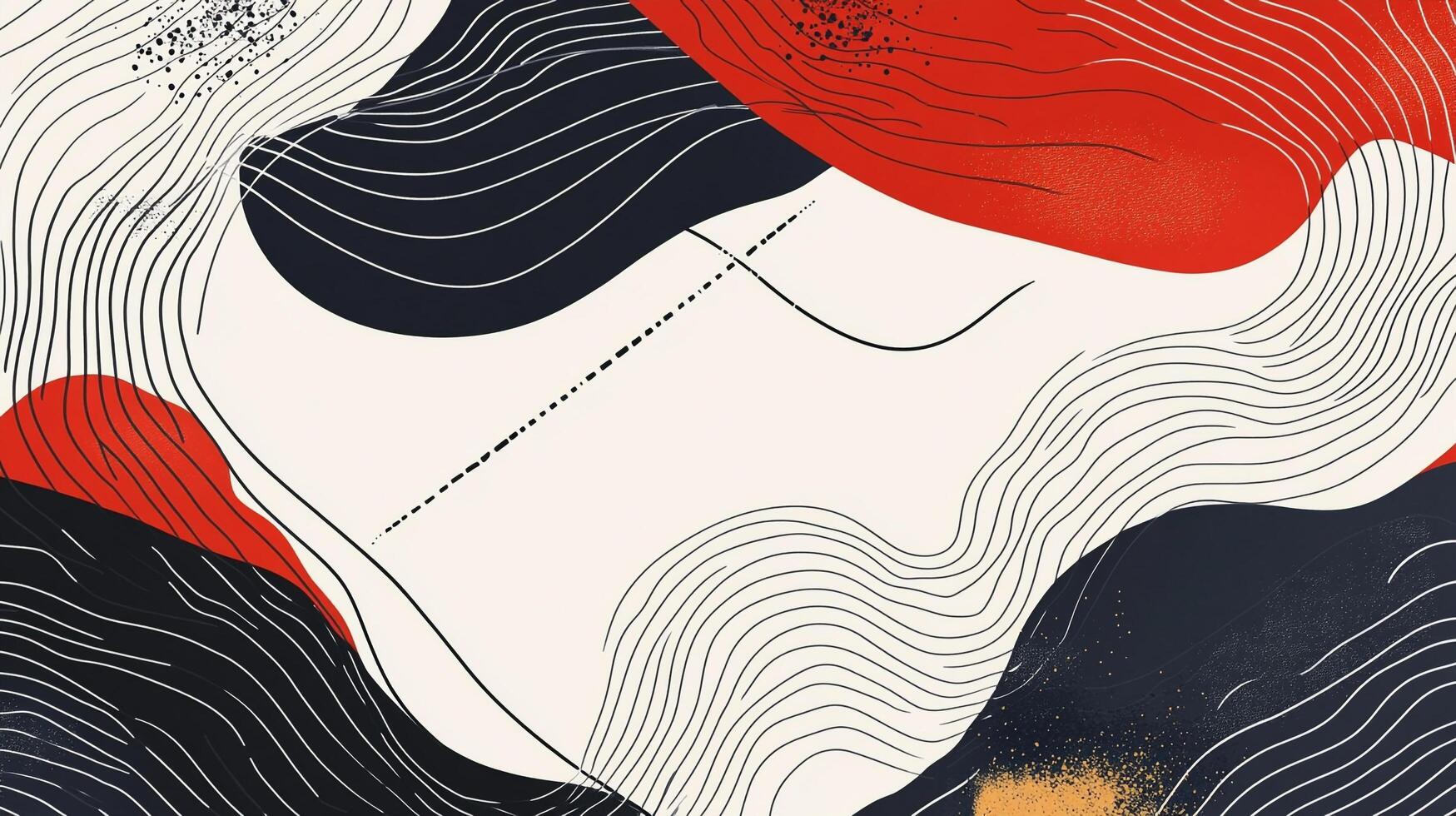 An abstract art piece featuring wavy lines, and black and red organic shapes against a cream colored background. Modern and stylish. photo