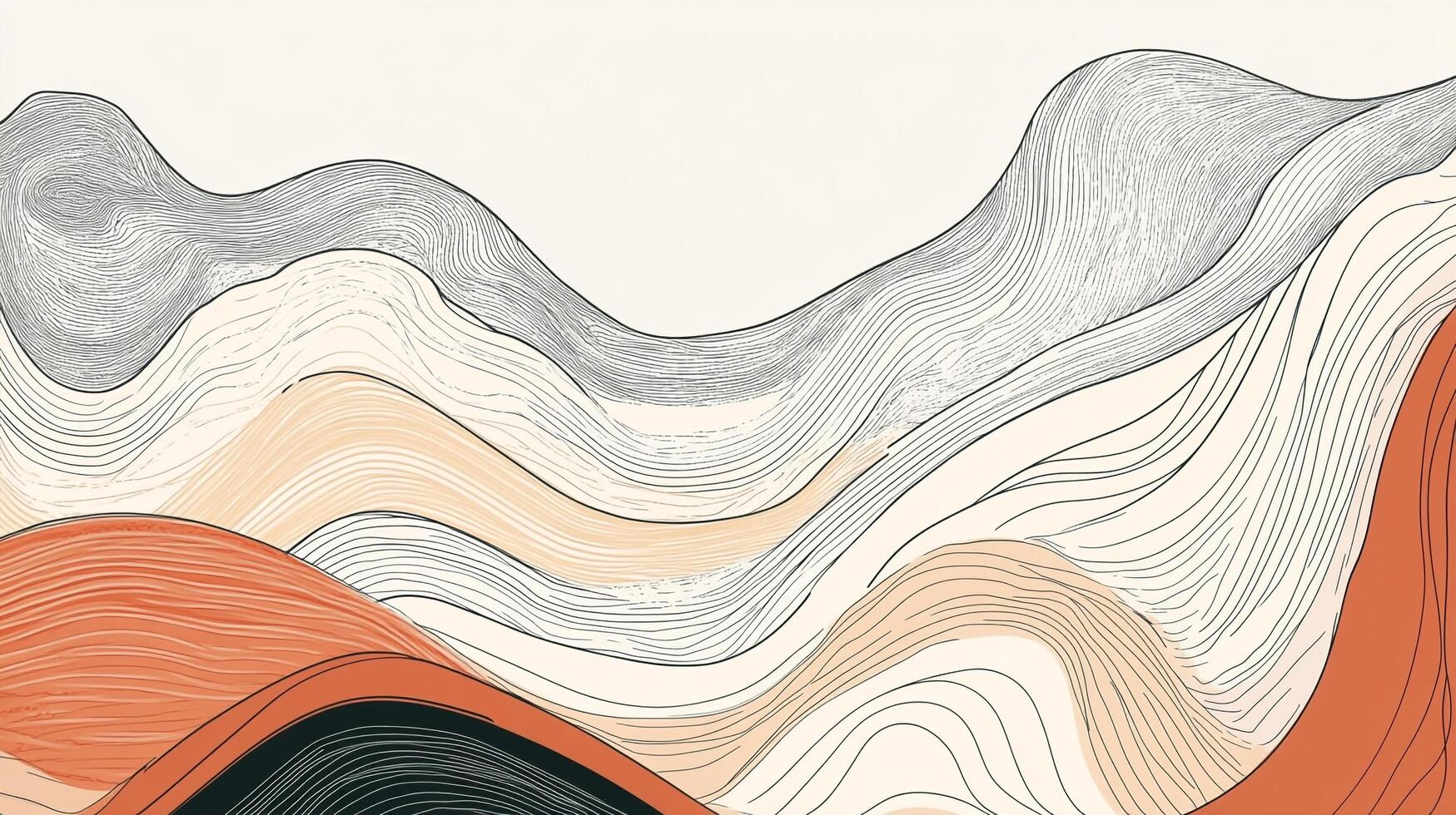 Abstract landscape featuring flowing, layered terrain in warm earth tones and cool grays, created with elegant linear detail. photo