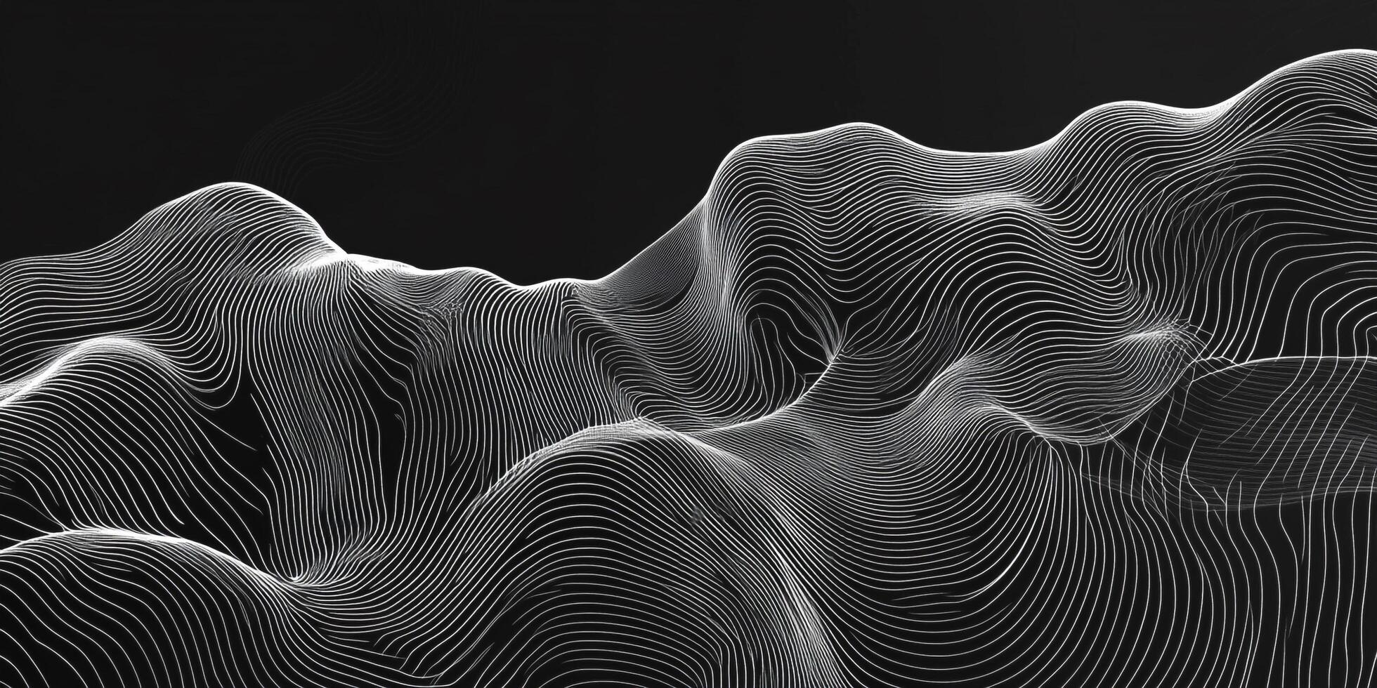 Abstract topographic lines create a minimalist, monochrome landscape with flowing contours against a stark black background. photo