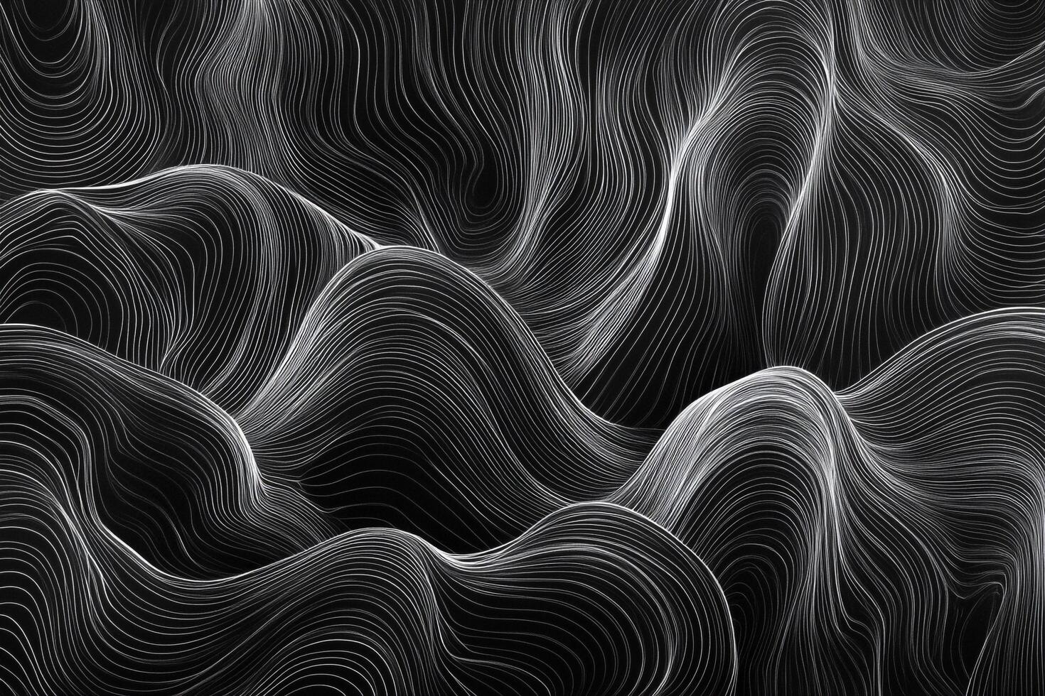 Abstract topographic lines create a dynamic, flowing landscape with a black and white color palette. Striking visual pattern. photo