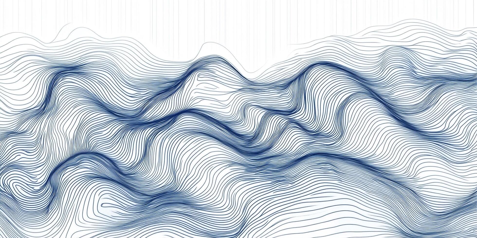 Striking navy blue undulating lines create a captivating abstract topography against a stark white backdrop, resembling rolling waves. photo