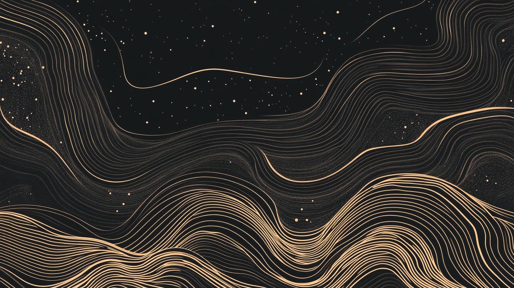 Abstract design of flowing golden lines on a dark backdrop, reminiscent of topography under a starry night sky. Modern elegant feel. photo