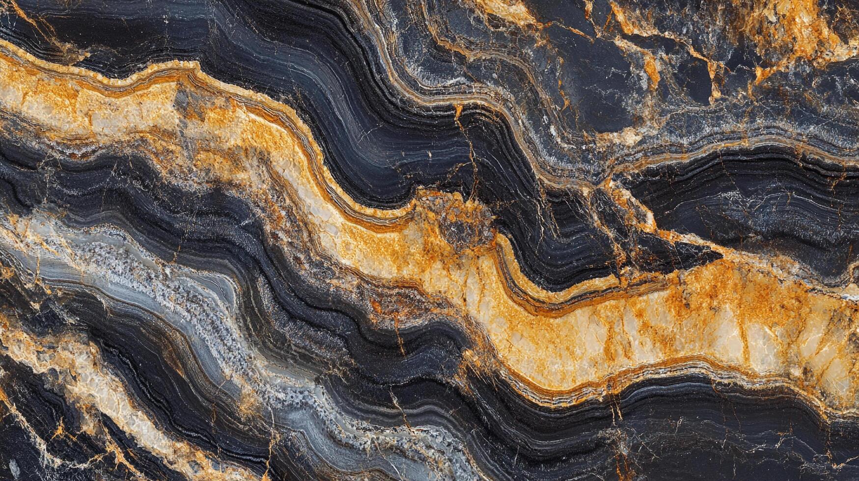 Abstract design showcasing black marble, accentuated with flowing golden veins and subtle grey nuances. Evokes nature's artistic expression. photo
