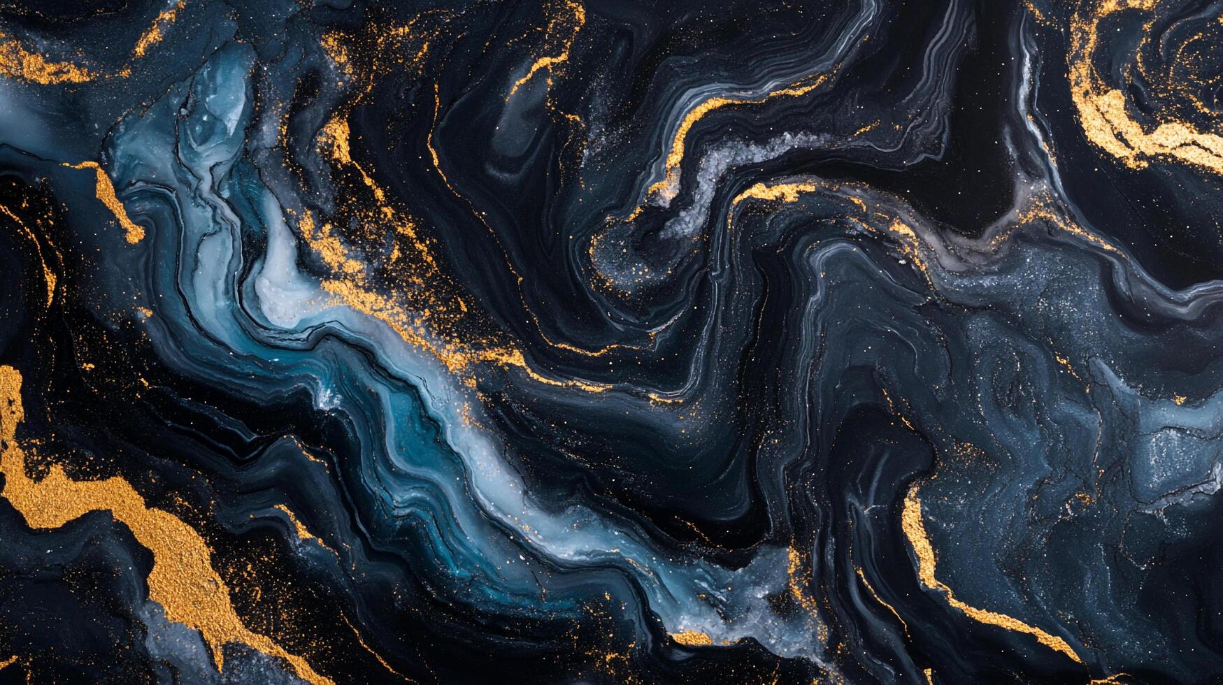 Abstract artwork featuring swirling dark blues and grays accented with shimmering gold, creating a luxurious and dynamic visual texture. photo