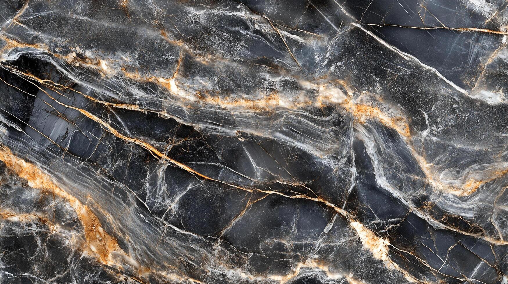 Detailed view of black marble with golden and white veins, showcasing nature's artistry and creating a unique and luxurious pattern. photo