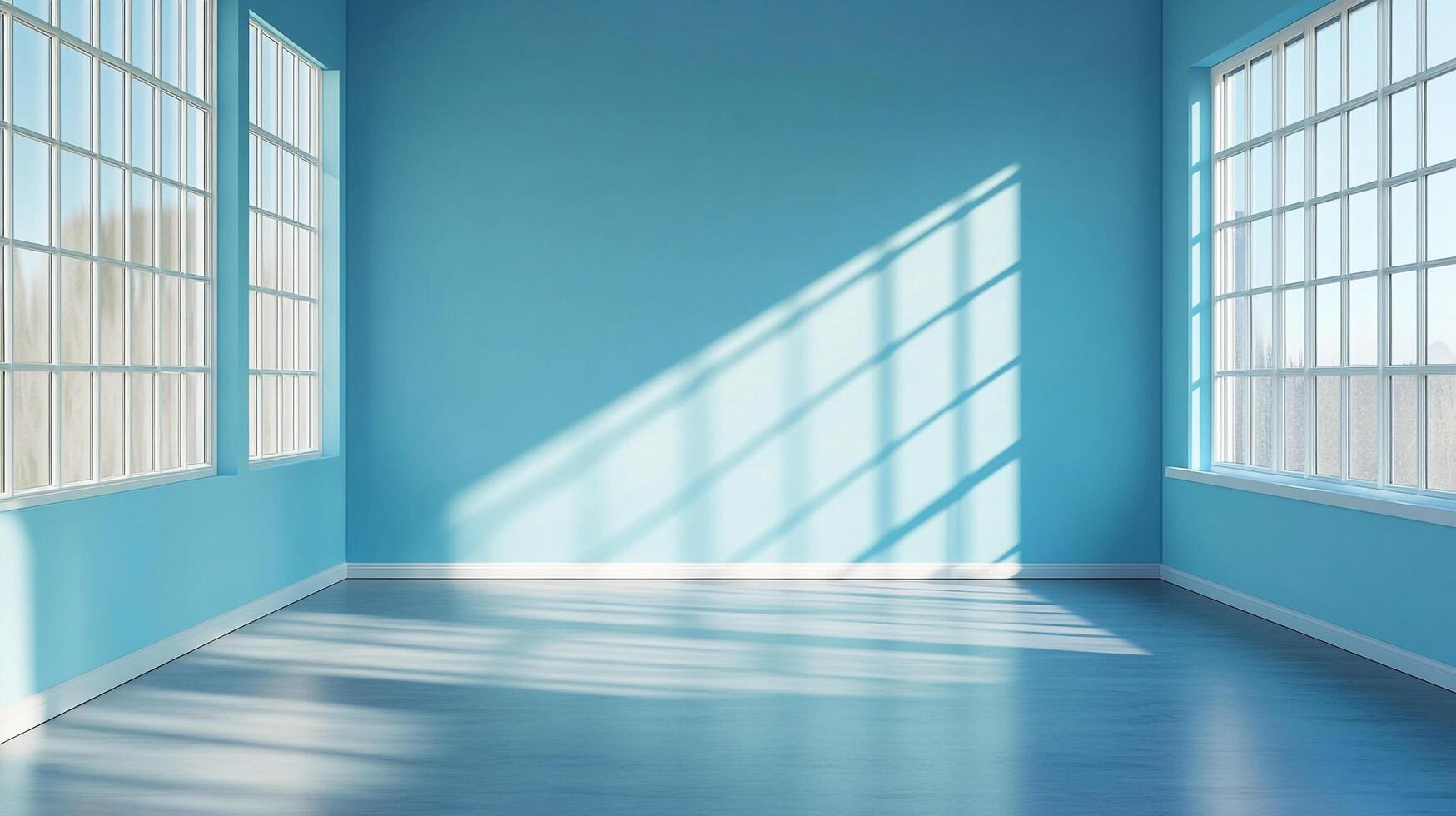 A serene room bathed in sunlight filtering through large windows, casting patterns on the light blue walls and floor, creating a calm and inviting atmosphere. photo