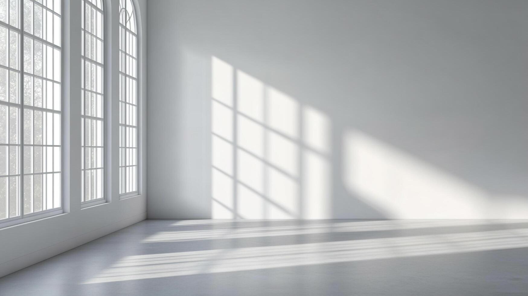 Sunlight streaming through arched windows illuminates a bright, minimalist room, casting geometric patterns on the walls and floor. photo