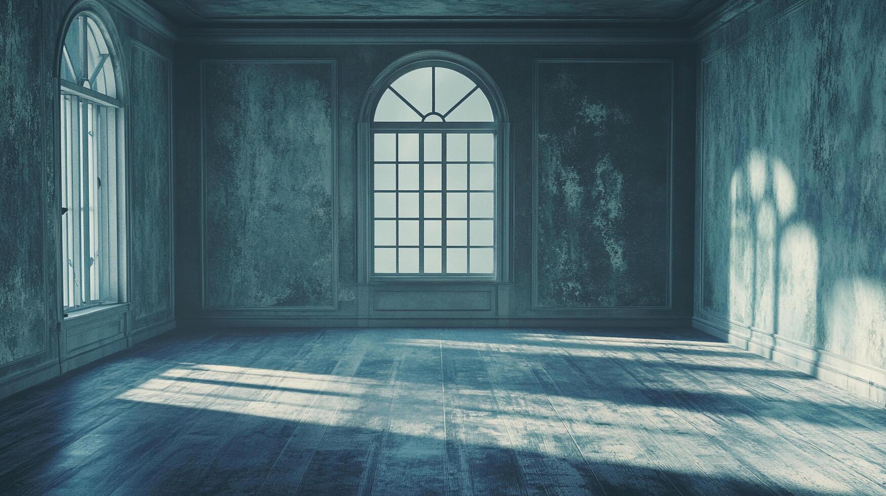 Spooky old room with light coming through the windows. Empty room with wooden floors and plaster walls, bathed in dim light. photo