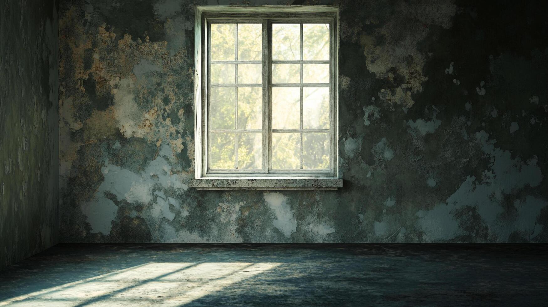 A room with weathered walls is illuminated by sunlight streaming through a window, creating a captivating contrast between decay and light. photo