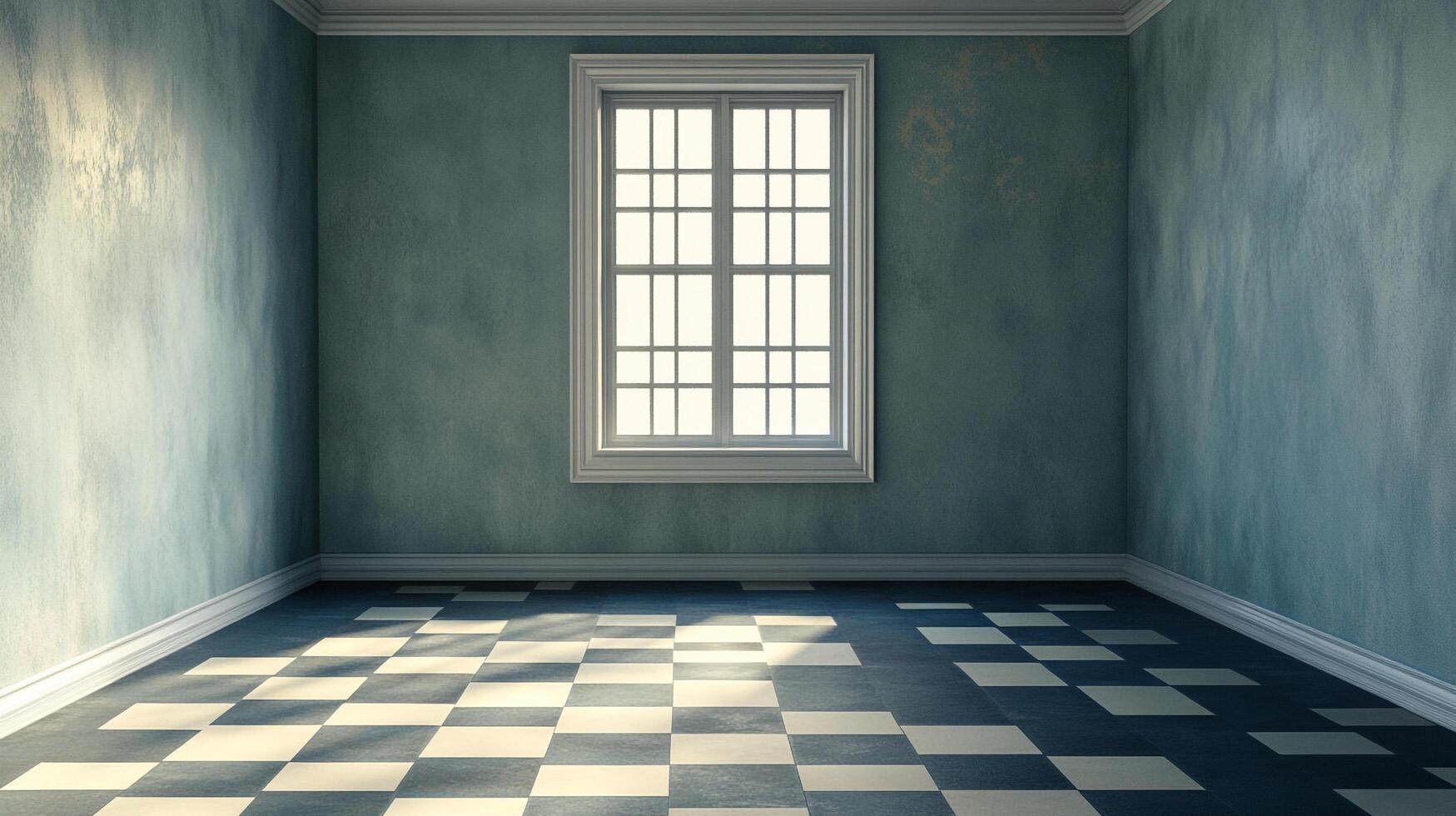 Empty room with checkered floor and a single window casting light, creating an inviting atmosphere. The textured walls add character. photo