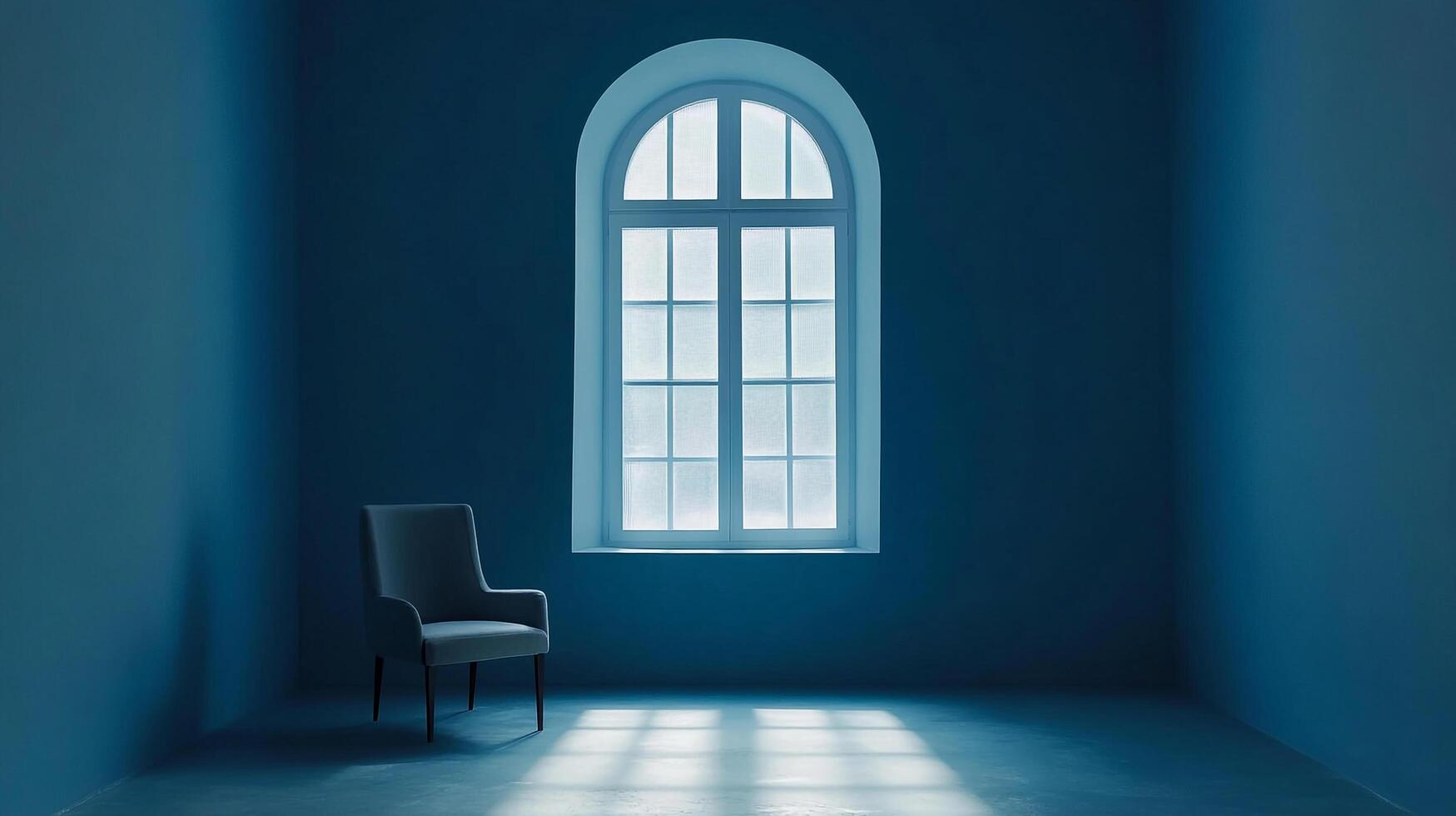 Monochromatic blue room with minimalist chair and light coming through arched window creating a calming interior space. photo