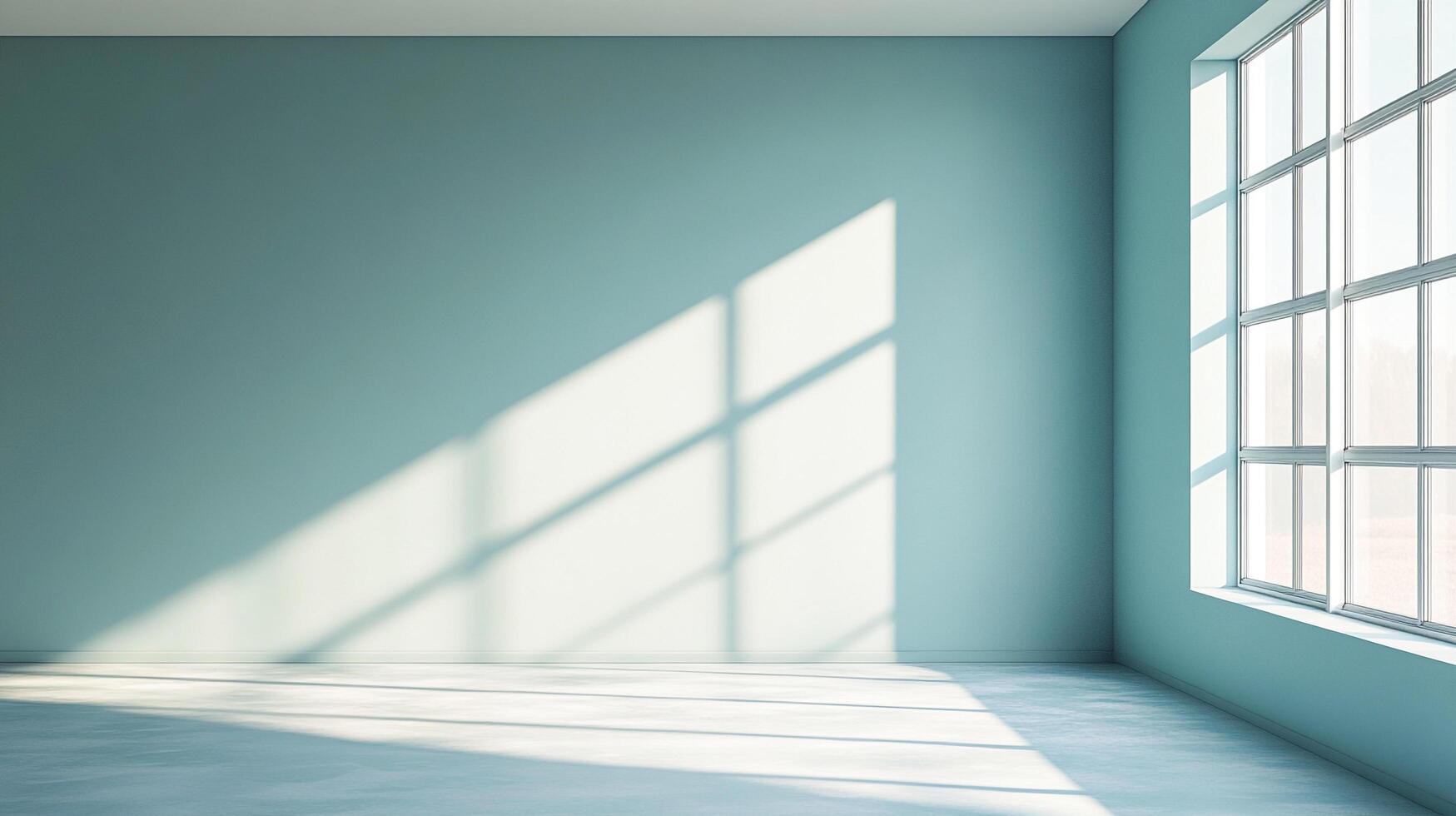 A serene, minimalistic room bathed in sunlight streaming through a large window, creating a play of light and shadow on the wall and floor. photo