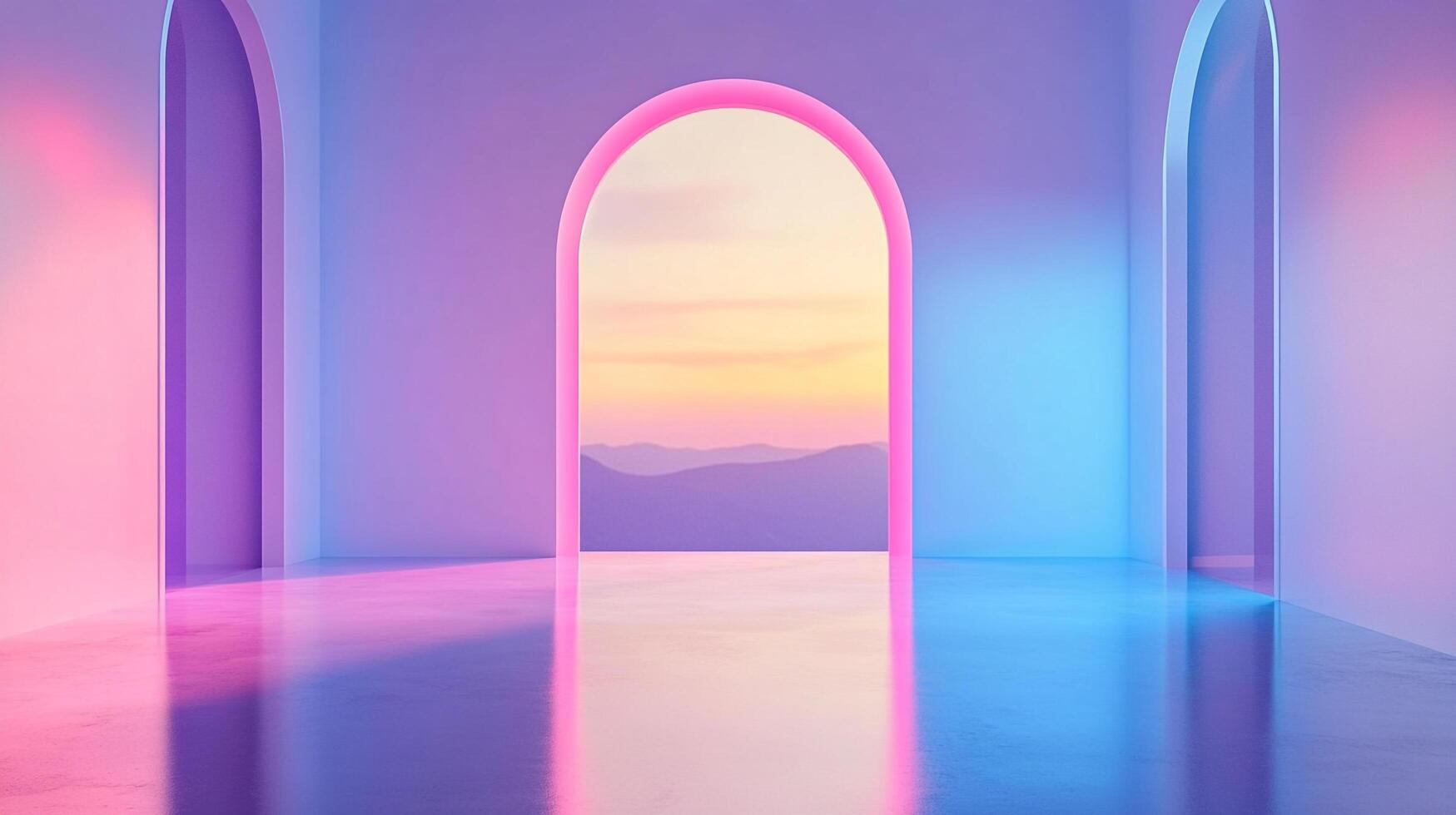 Arched doorways glow with neon lights revealing a landscape beyond, bathed in pastel hues, creating a surreal, dreamlike perspective. photo