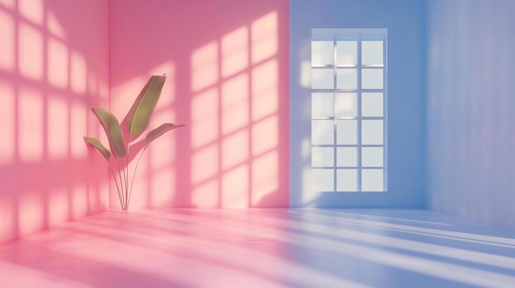 Abstract room featuring a pastel pink and blue color scheme, a plant in the corner, and window shadows casting geometric shapes across the walls. photo