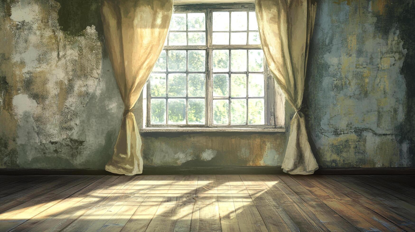 Sunlit empty room with aged walls, wooden floor, window with tan curtains, and a view of greenery outside creating a serene ambiance. photo