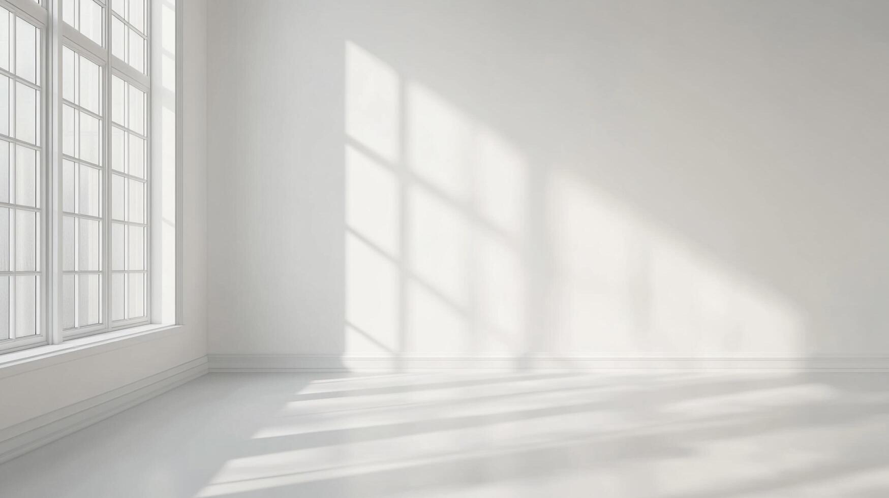 Sunlight streams through a window in an empty room, casting shadows on the floor. A minimalist, serene, and light-filled space. photo