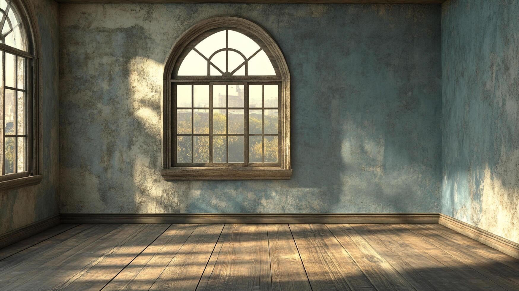 Empty room interior with wooden floorboards and a large arched window, bathed in soft sunlight casting shadows on the textured walls photo