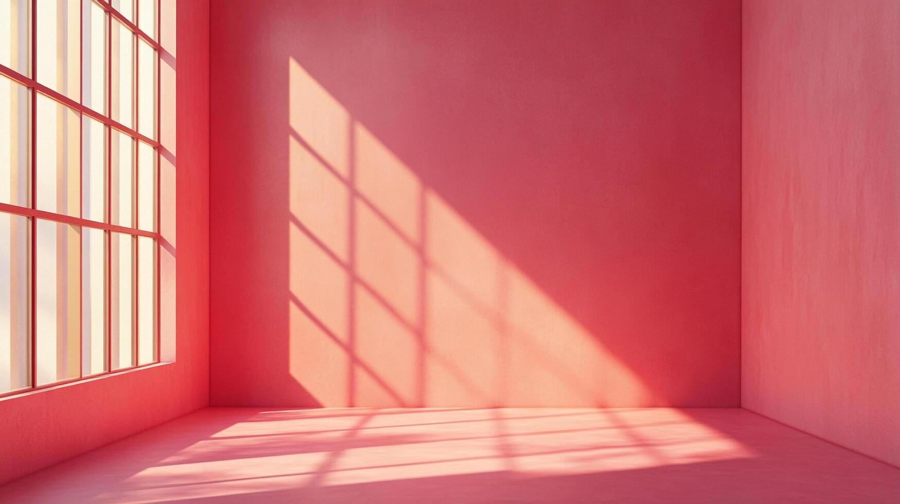 Illuminated red room corner with window light creating sharp shadow pattern. Simple geometric space with vibrant, eye-catching color. photo