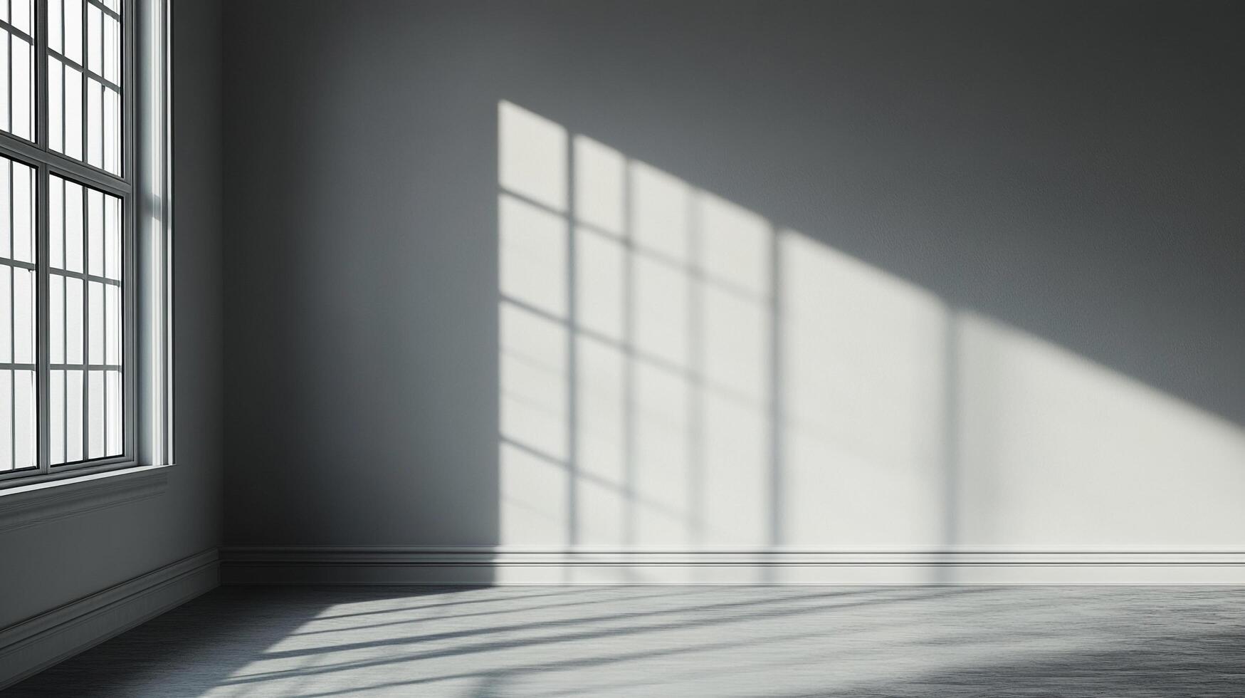 Empty gray room with natural light streaming through a window, creating shadows on the wall. Minimalist aesthetic and stark architectural lines. photo