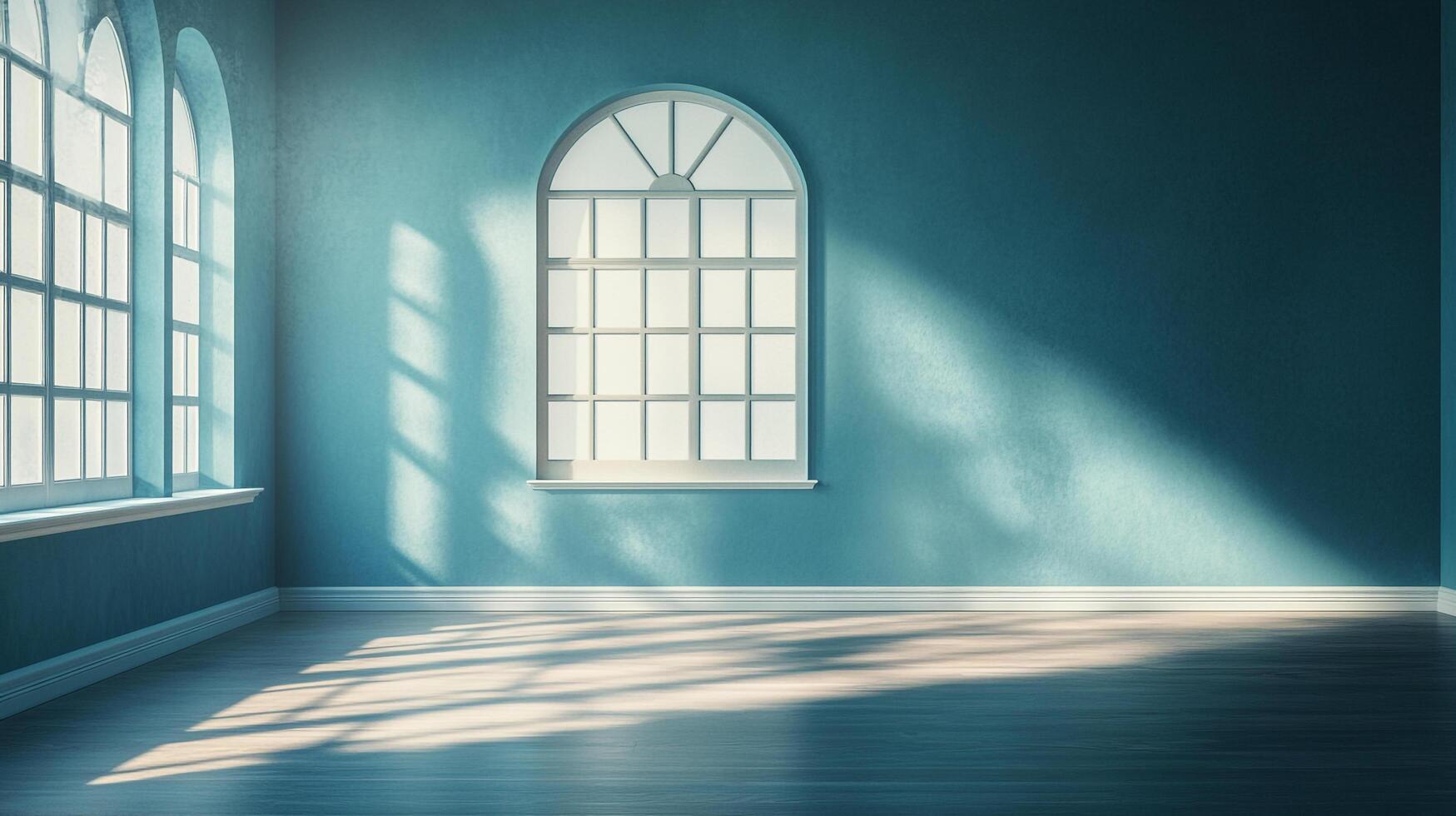 Empty room with light streaming in through arched windows against a blue textured wall casting shadows on the hardwood floor. Serene backdrop. photo