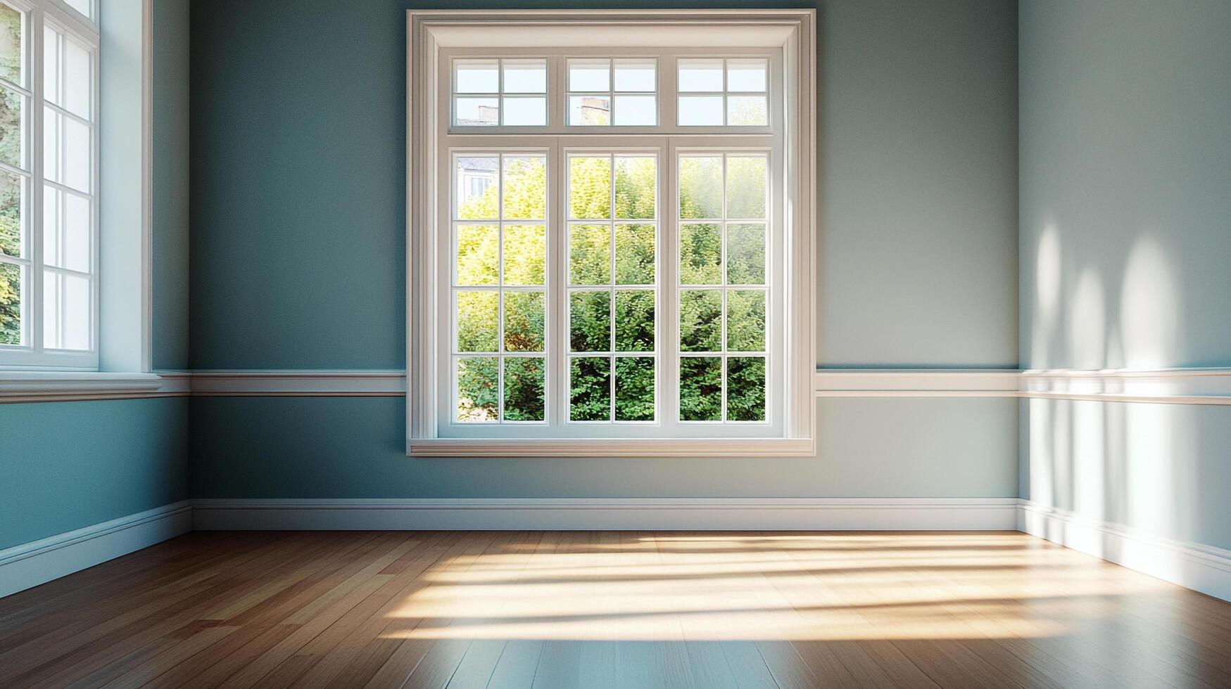 Bright, light-filled room with large window overlooking trees, showcasing minimal interior design with wood floors and blue walls. photo