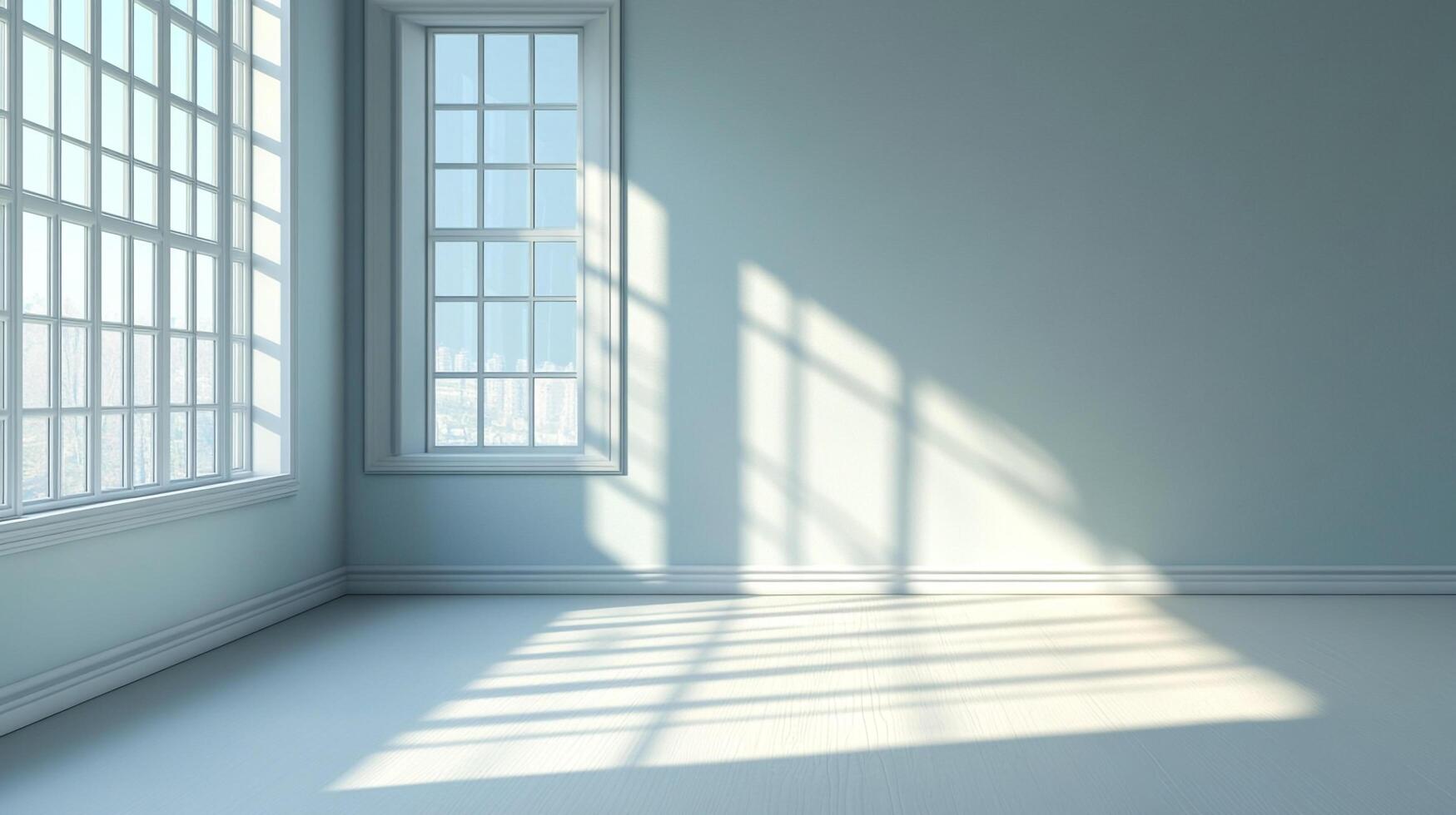 A bright, spacious, light blue room with natural light streaming in through the window, creating shadow patterns on the floor. photo