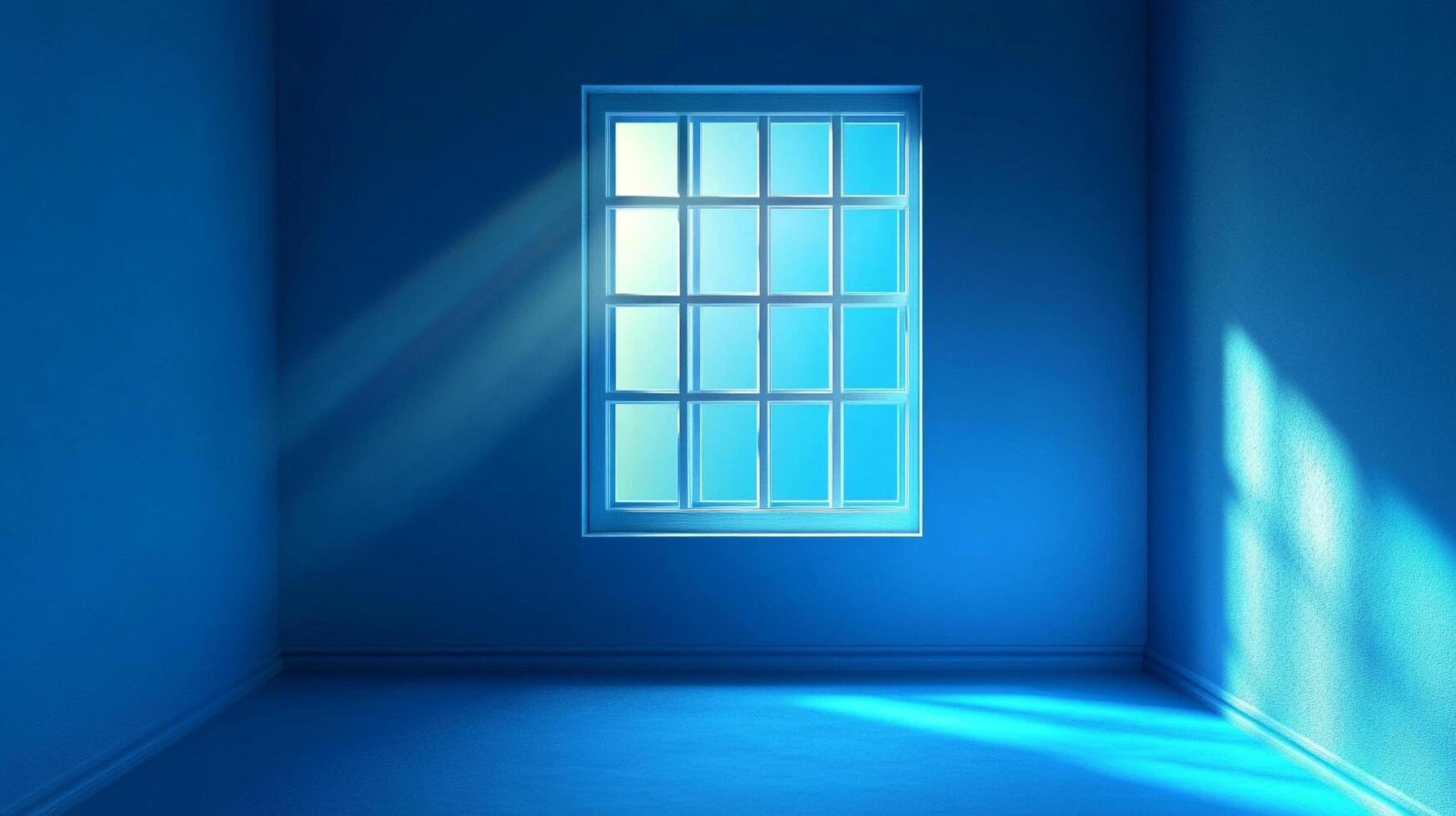 Blue room with sunbeams streaming through window, creating a serene and peaceful atmosphere in an indoor setting. Very calming light. photo