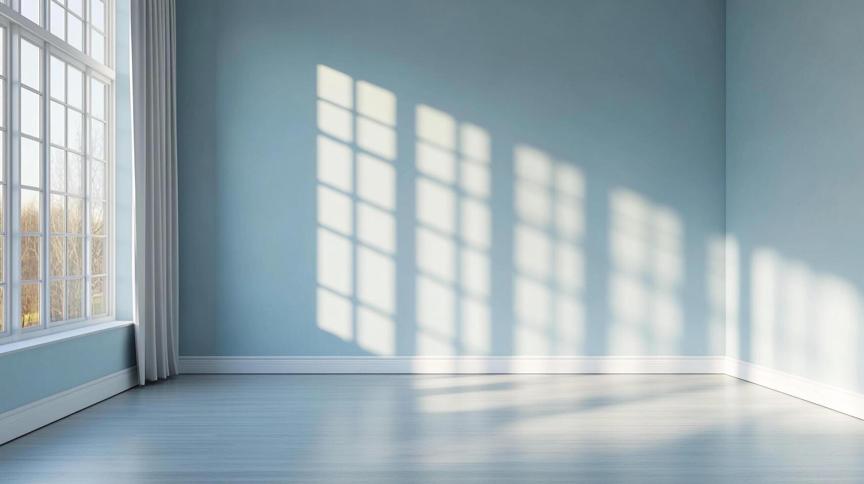 Bright, empty room with window and shadows. Soft blue walls. Sunlight casts shadows on the wall, illuminating the interior space. photo