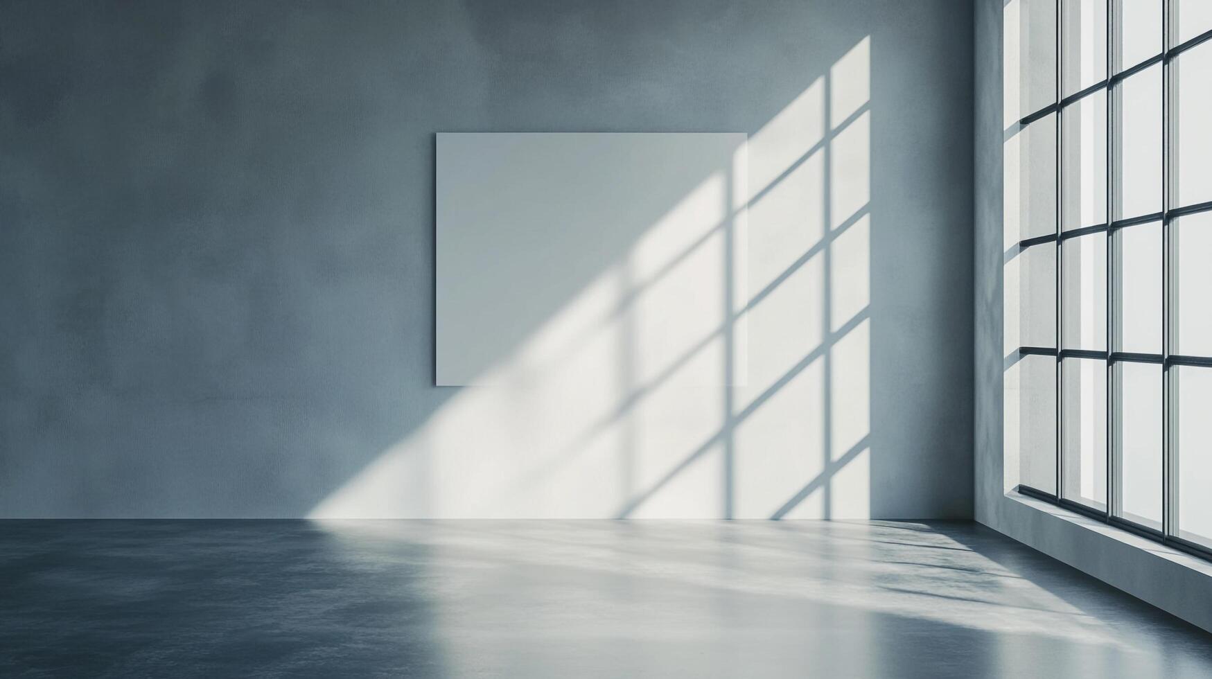 Minimalist interior with light streaming through windows onto a blank canvas, against a concrete wall and floor in an empty room. photo
