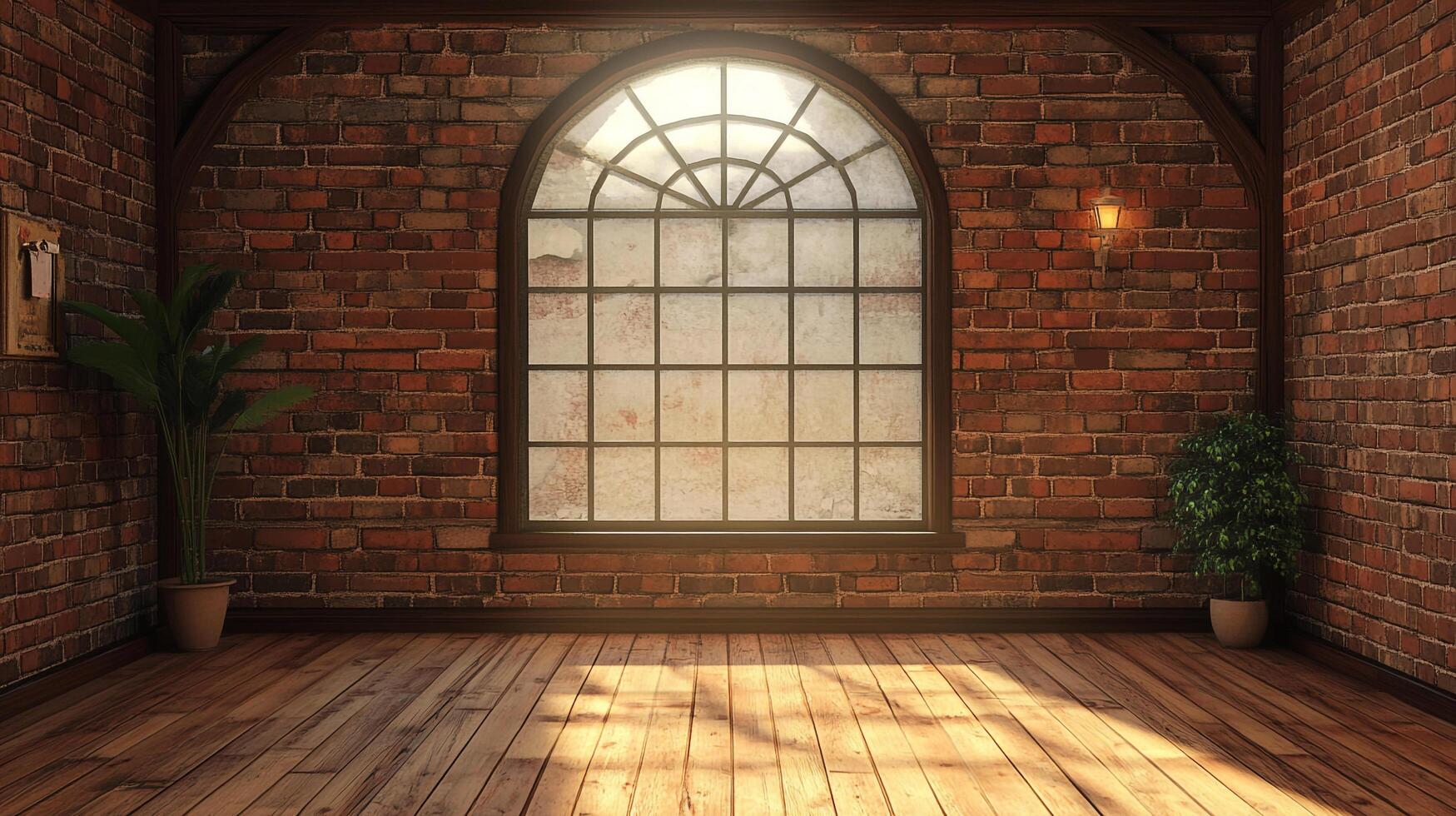Rustic room interior with arched window, brick walls, wood floor, and plants illuminated by bright sunlight streaming through the glass. photo