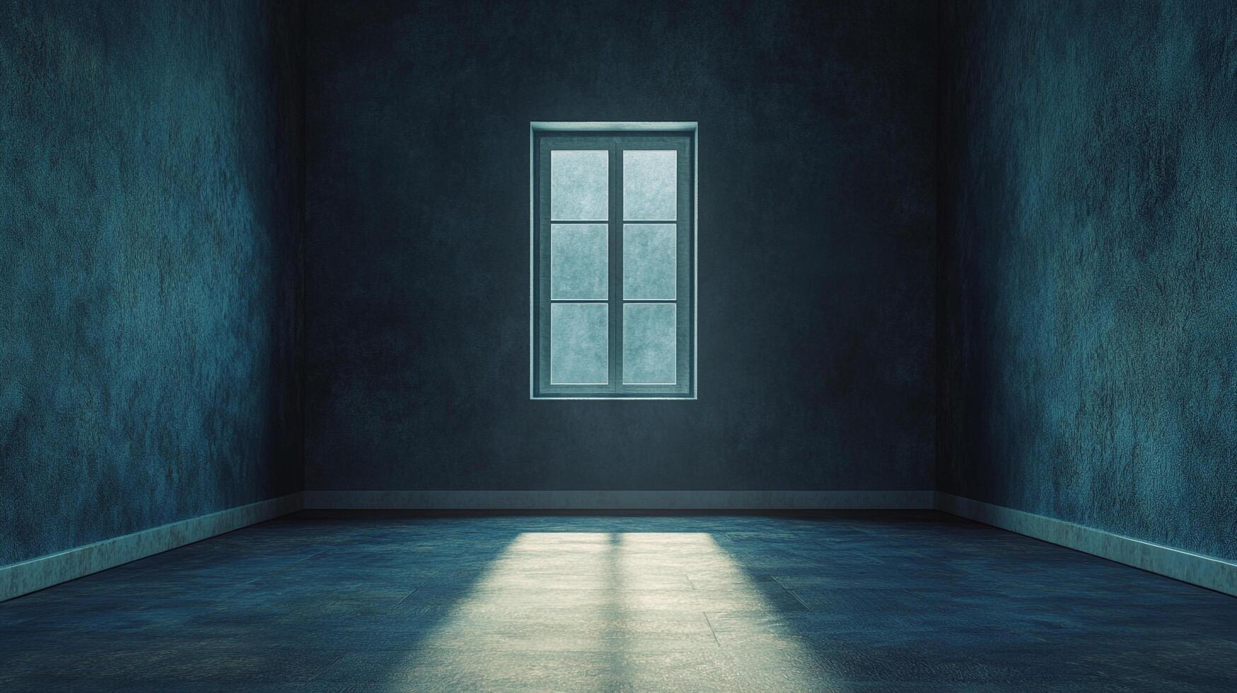 An eerie, empty room with textured walls and a window letting in sunlight. A sense of loneliness and mystery pervades the shadowy space. photo