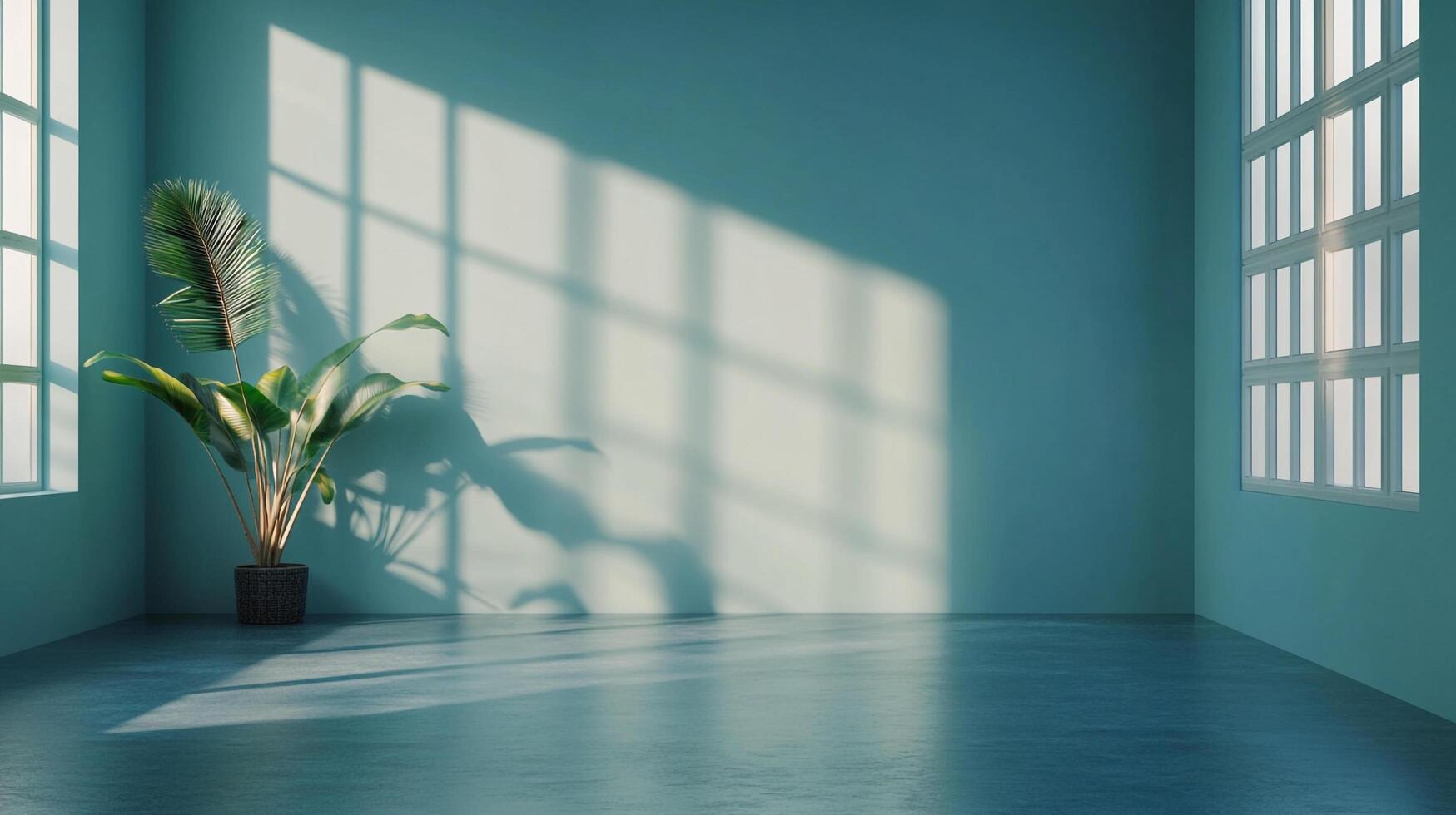 Sunlit indoor scene, a potted plant casts a shadow on the wall, creating a serene atmosphere. Soft light filters through the window. photo