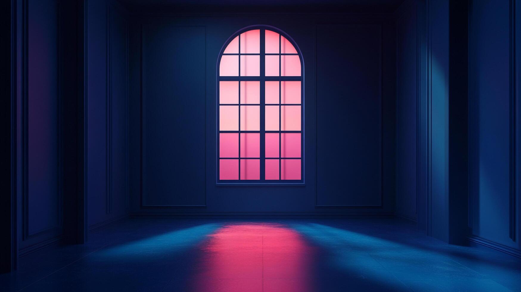 Illuminated window casts colorful light in a dark room creating a striking visual contrast and showcasing architectural details. photo